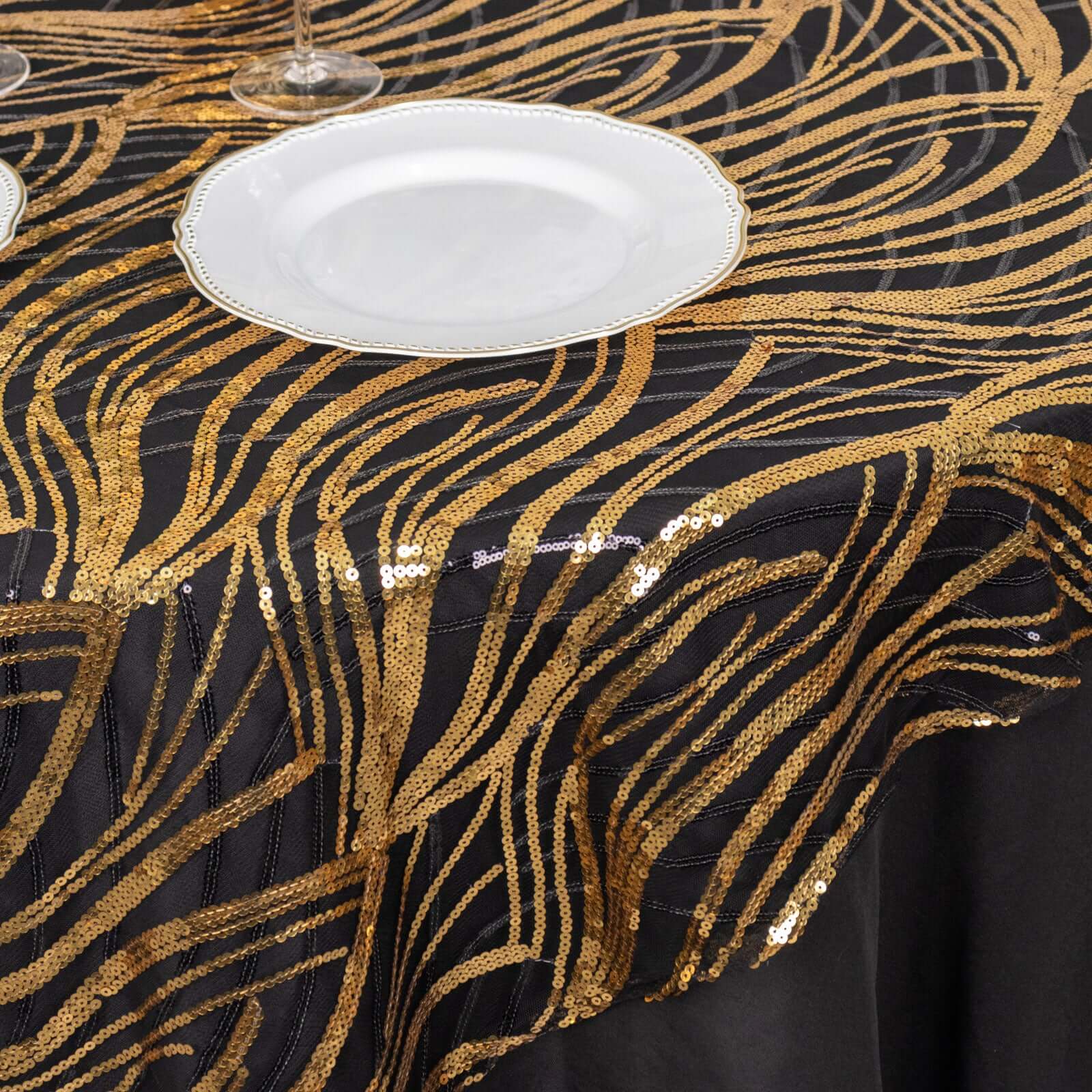 Mesh 72x72 Table Overlay Square Tablecloth Black Gold - Wave Embroidered Sequins Table Topper