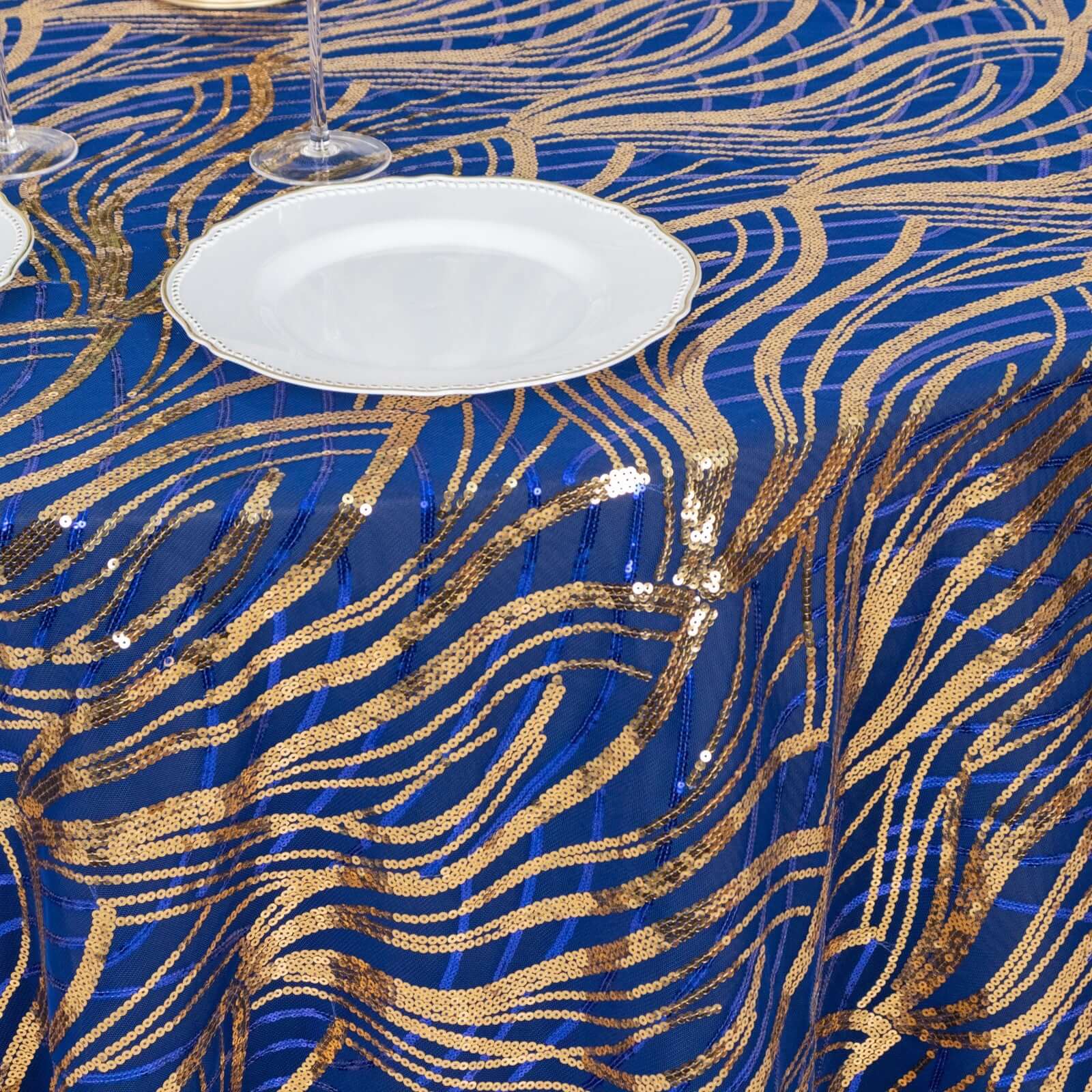 Sequin Mesh 120 Round Tablecloth Royal Blue/Gold - Seamless Wave Embroidered Table Cover
