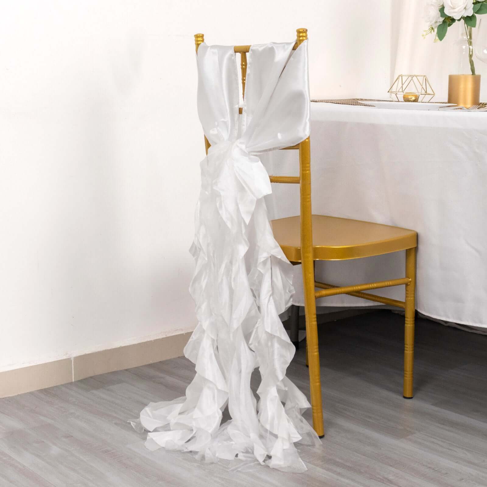 5 Pack Chiffon Satin Chair Sashes White - Easy to Install Lustrous Ruffled Curly Willow Wedding Chair Decorations