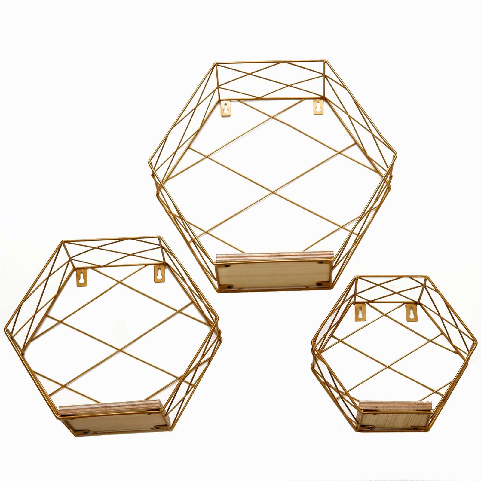 3 Pack Gold Hexagonal Floating Wall Shelves, Decorative Geometric Wall Mounted Shelves - 9,12,14