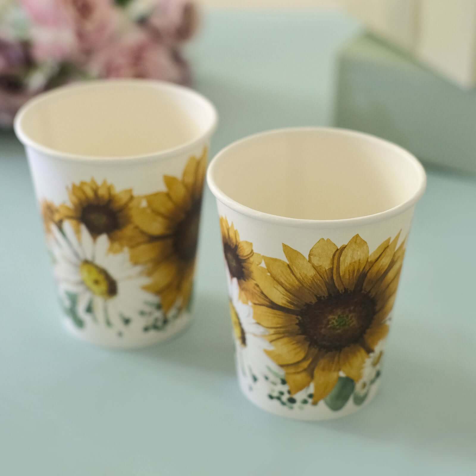 24-Pack Paper Cups in White with Yellow Sunflower Print - Stylish Disposable Party Cups for Hot & Cold Beverages 10oz