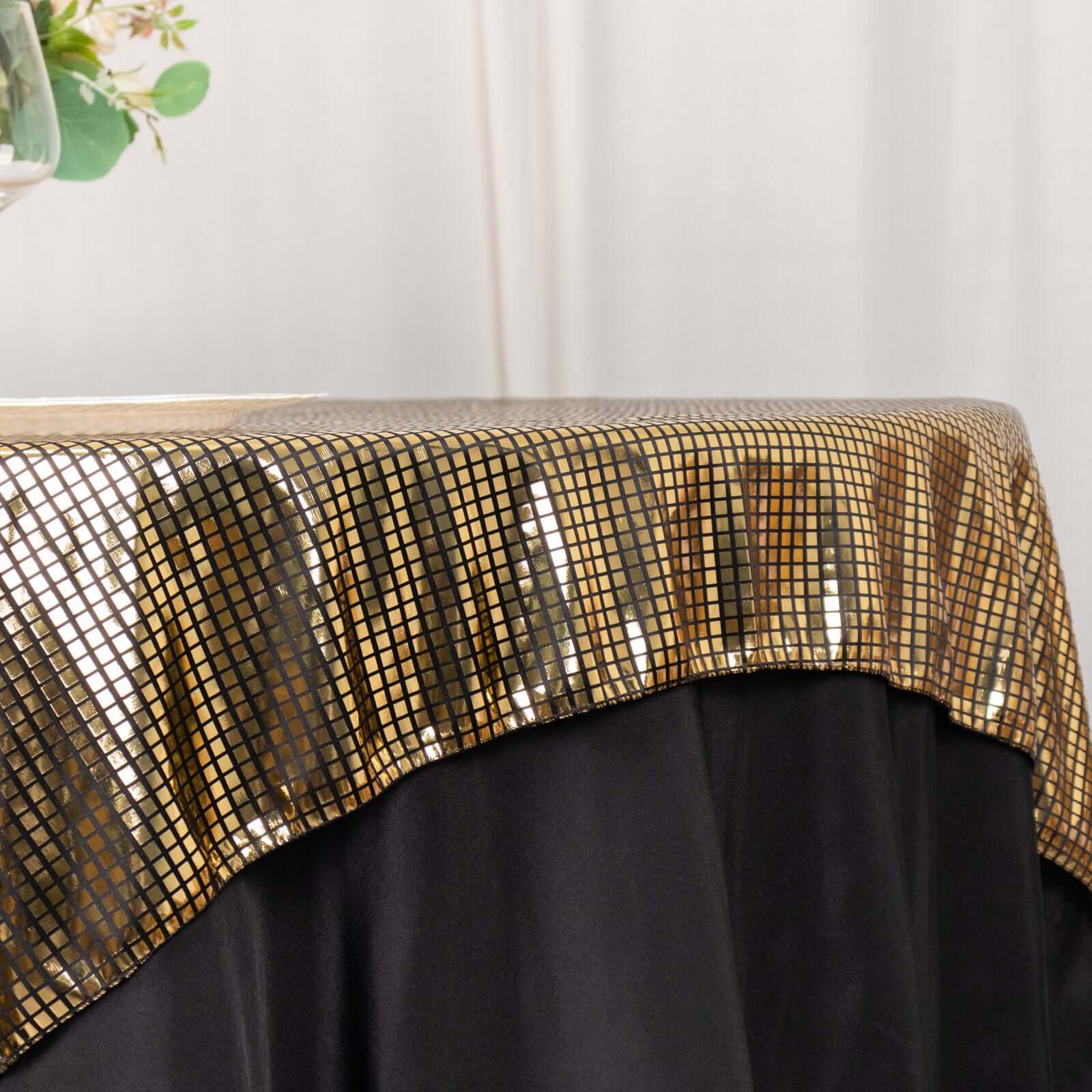 Polyester 72x72 Table Overlay Square Tablecloth Black - Gold Foil Disco Mirror Ball Design for Stylish Celebrations