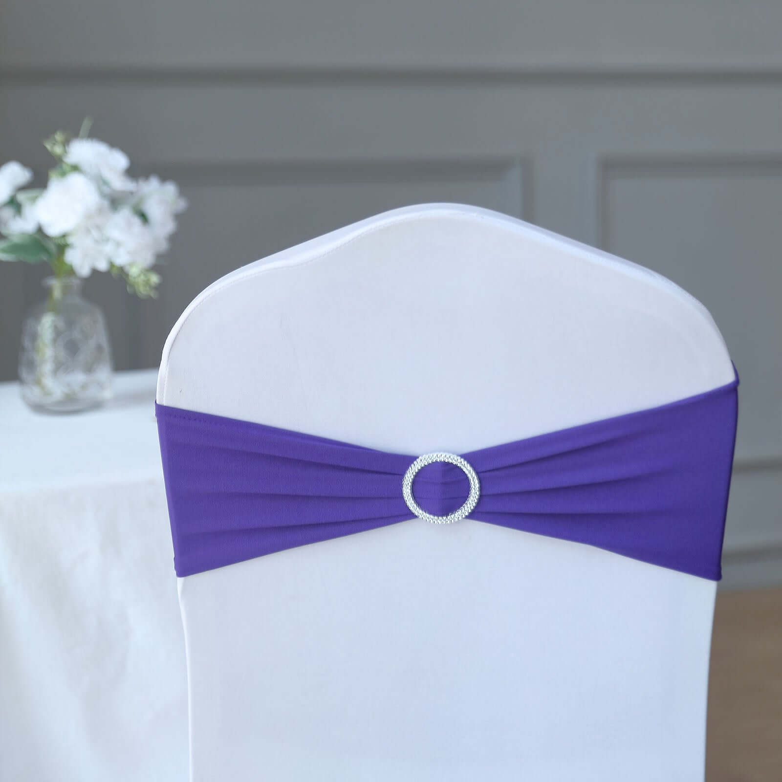 5 Pack Stretch Spandex Chair Sashes Purple - Reusable Chair Bands with Silver Diamond Ring Slide Buckle 5x14