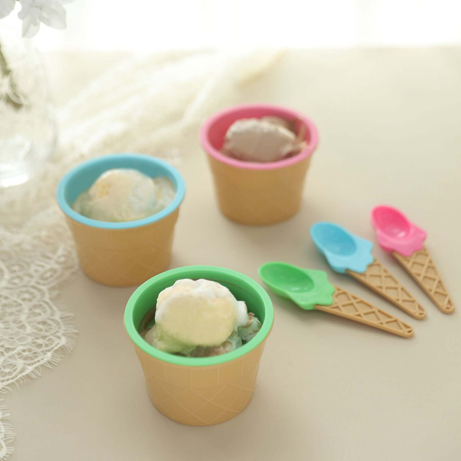 Set of 6 Plastic Dessert Cups Waffle Design Blue, Green, Pink - Includes Matching Spoons 5oz