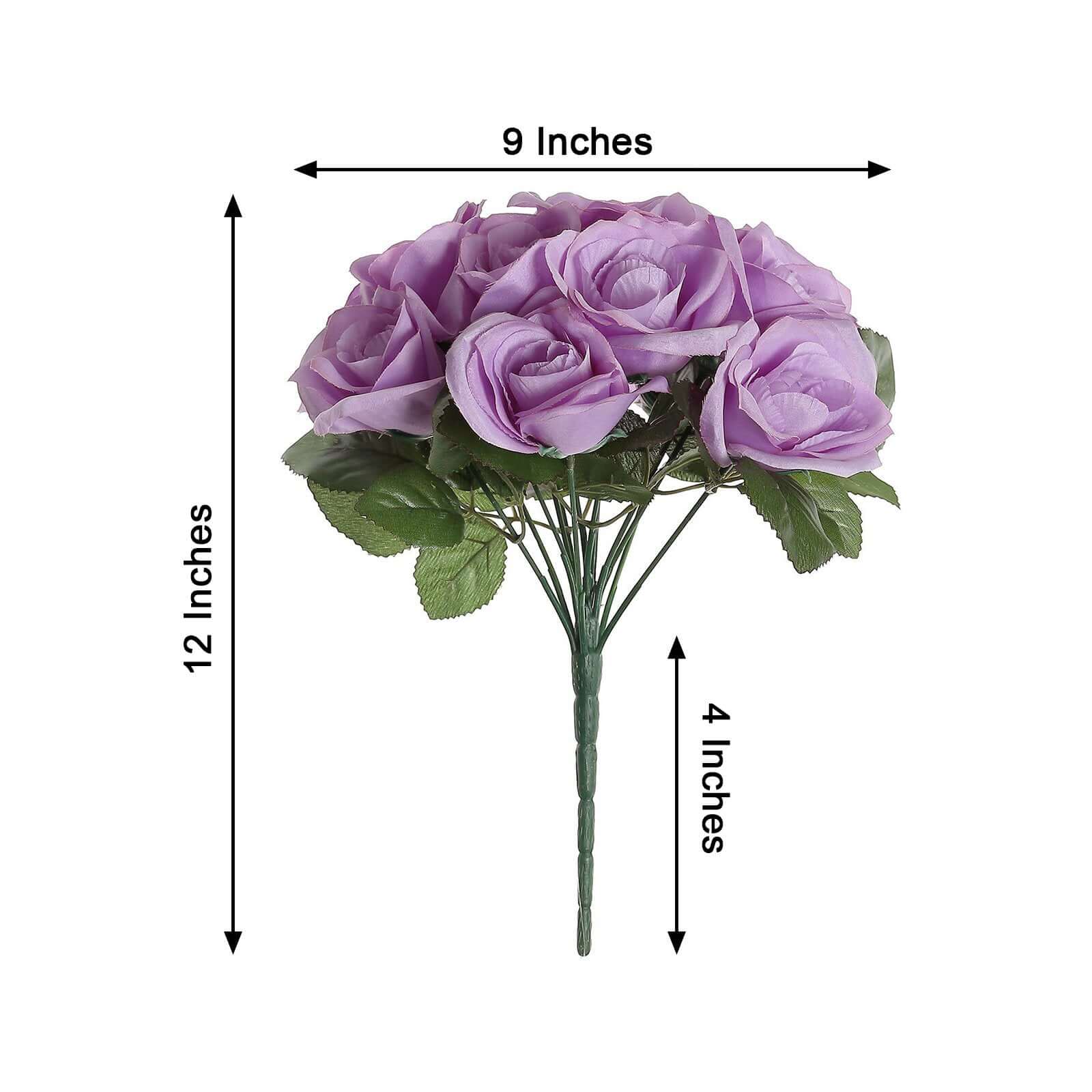12 Lavender Lilac Artificial Velvet-Like Fabric Rose Flower Bouquet Bush