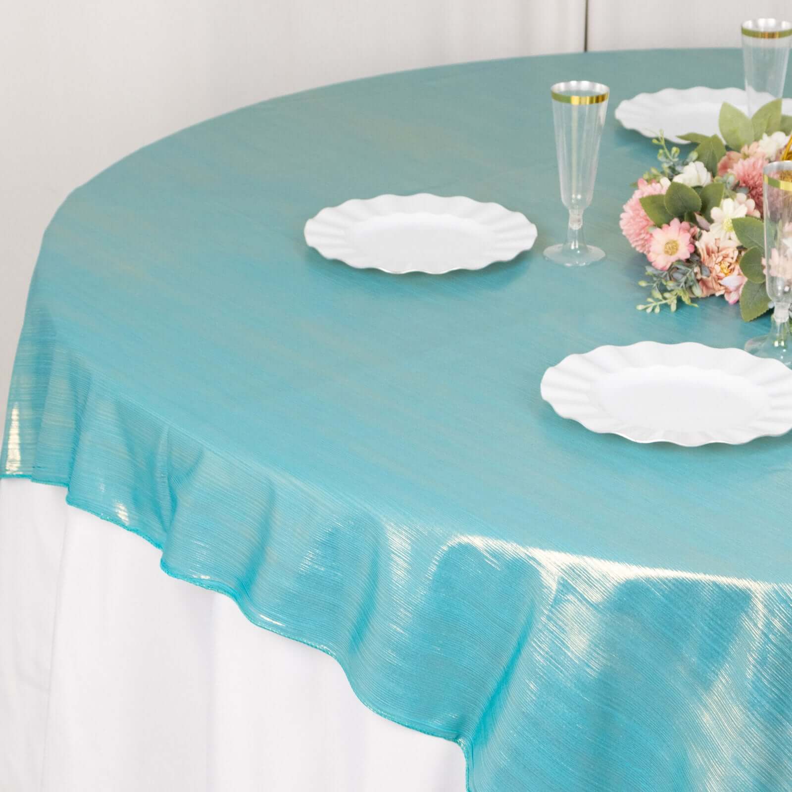 Polyester 72x72 Table Overlay Square Tablecloth Turquoise - Sequin Dots Wrinkle-Free Table Cover