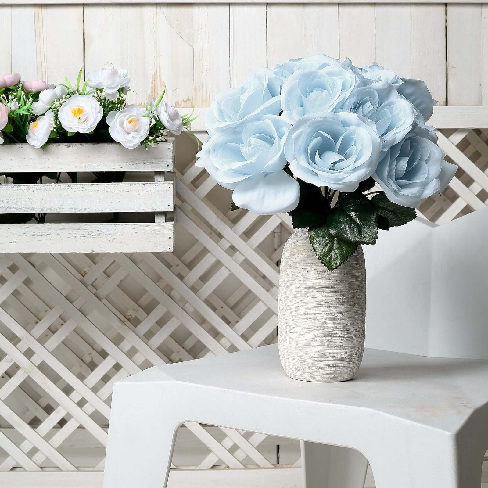 12 Ice Blue Artificial Velvet-Like Fabric Rose Flower Bouquet Bush