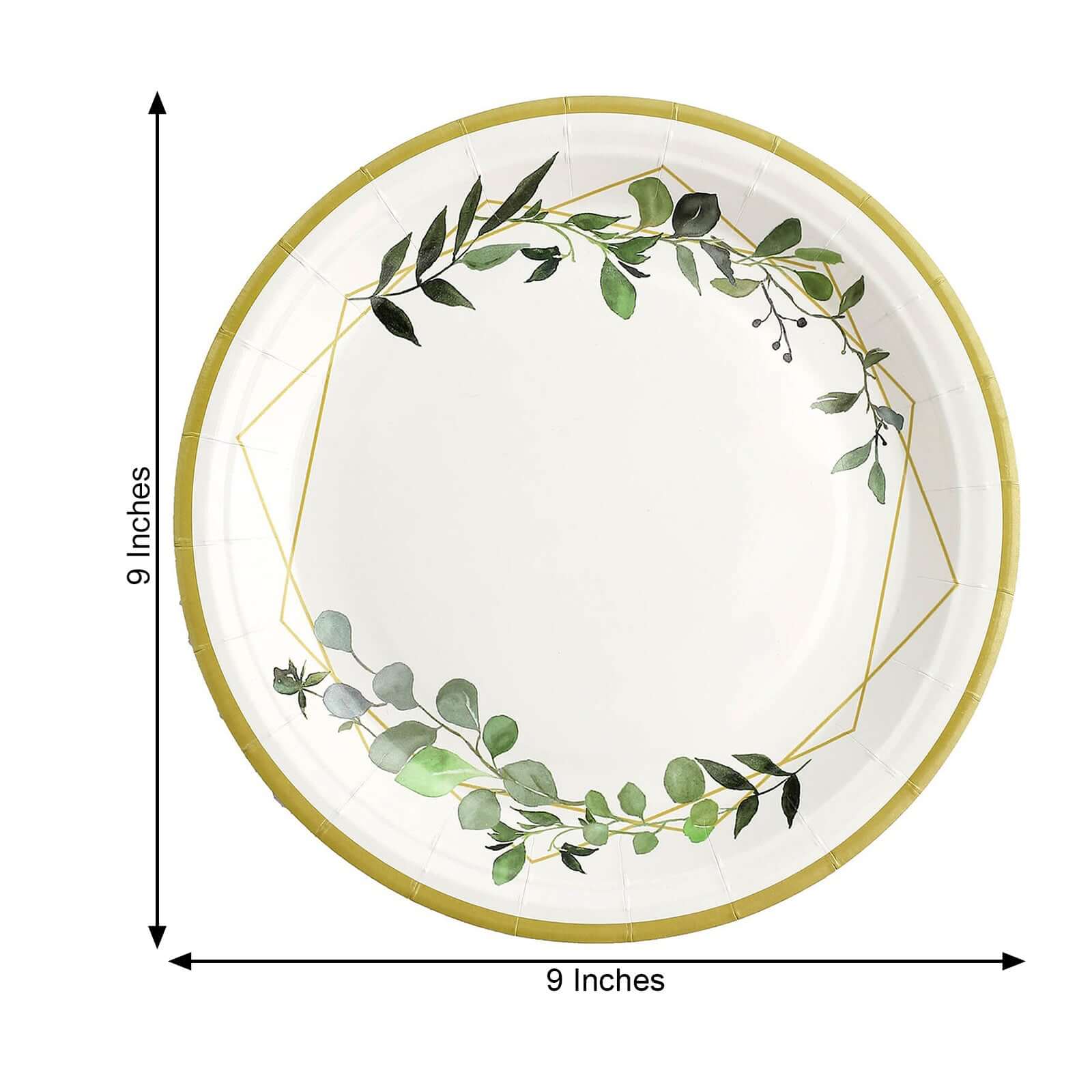 24-Pack Paper 9 Round Dinner Plates in White with Eucalyptus Leaves & Gold Rim - Disposable 300GSM Party Plates for Modern & Nature-Inspired Events