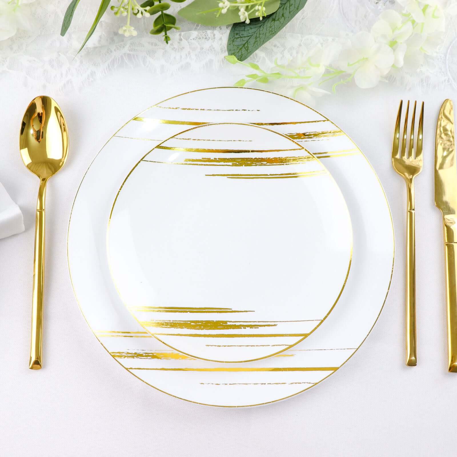 10-Pack Plastic 10 Round Dinner Plates in White with Gold Brush Stroked Print - Disposable Party Dinnerware for Modern Themed Events & Banquets