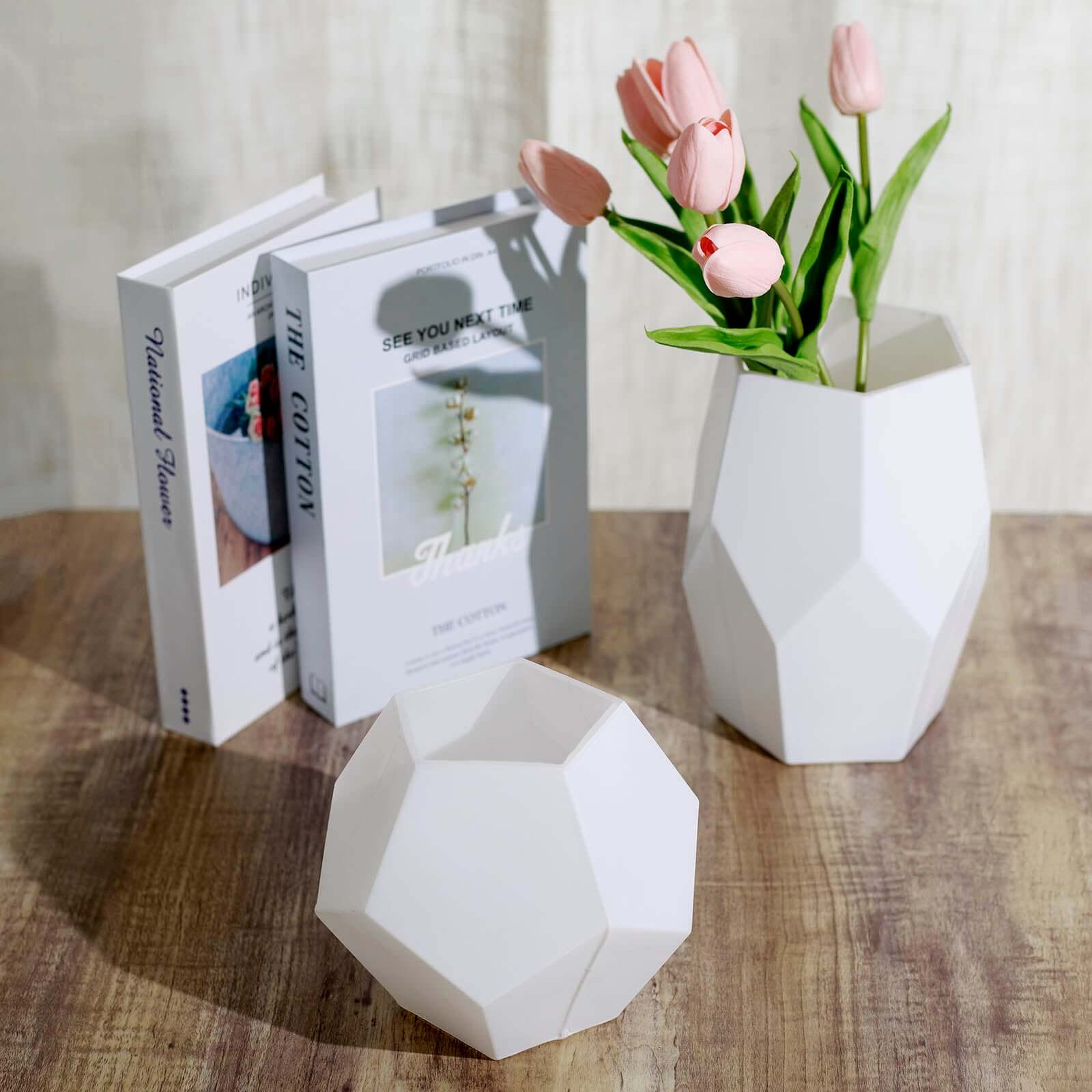 Set of 2 Glass Flower Vases Geometric Design Matte White - Stylish Modern Candle Holder Centerpieces 5, 8