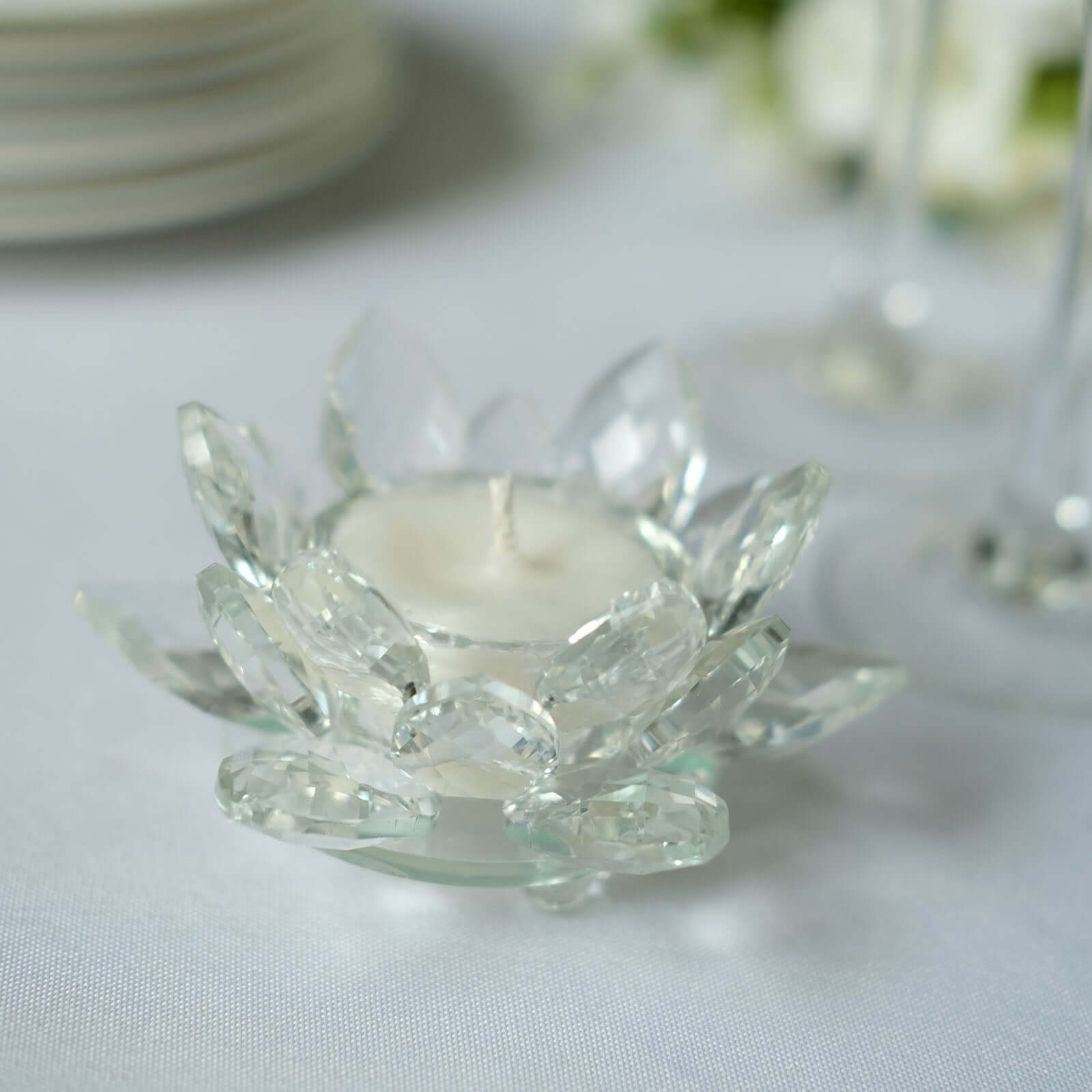 2 Pack Clear 4.5 Crystal Glass Lotus Flower Votive Candle Holders, Tealight Taper Candle Stands