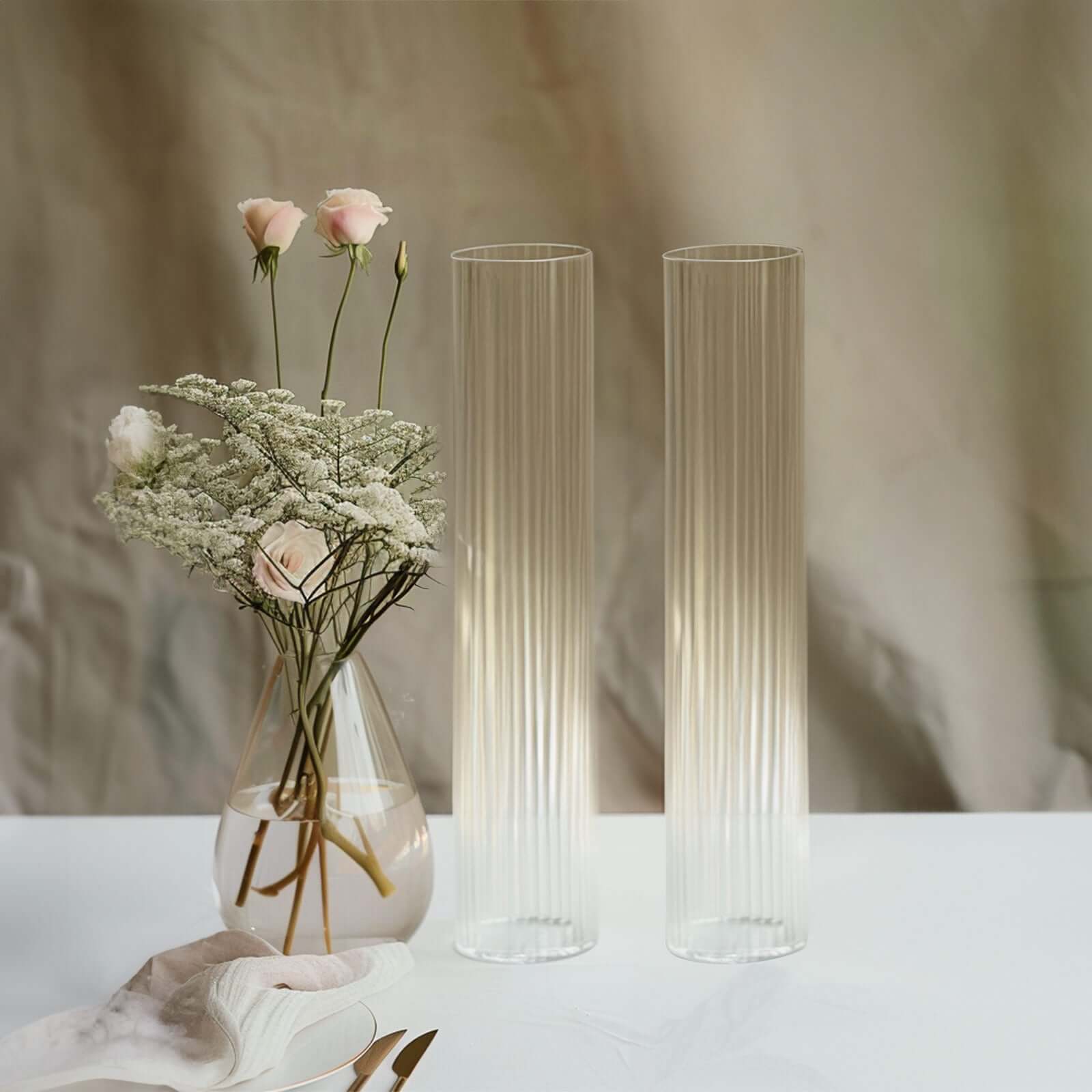 2-Pack Clear Ribbed Glass Hurricane Shades Open End Design - Stylish Candelabra Pillar Candle Holder Table Centerpiece 14