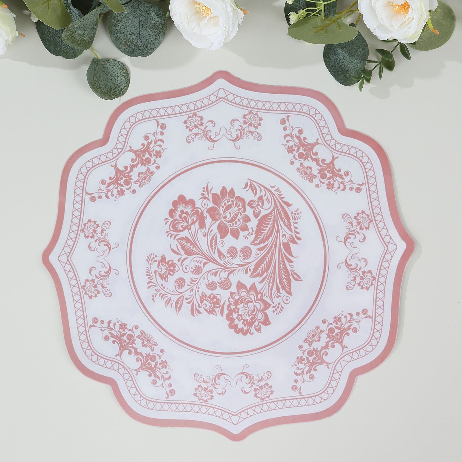 10-Pack Disposable Table Placemats 13 Round Placemats in White with Pink French Toile Pattern & Scalloped Rim - 400GSM Cardboard Placemats for Stylish Table Setting