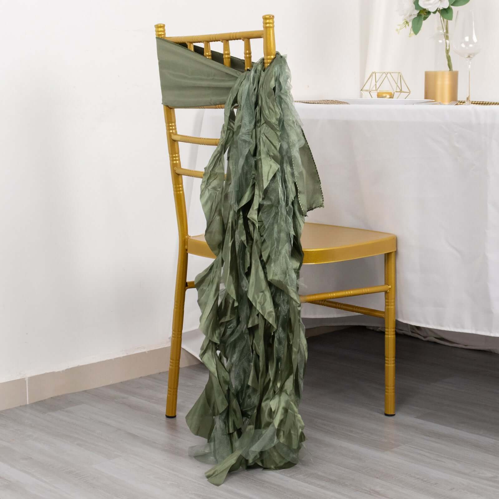 5 Pack Chiffon Satin Chair Sashes Dusty Sage Green - Easy to Install Ruffled Curly Willow