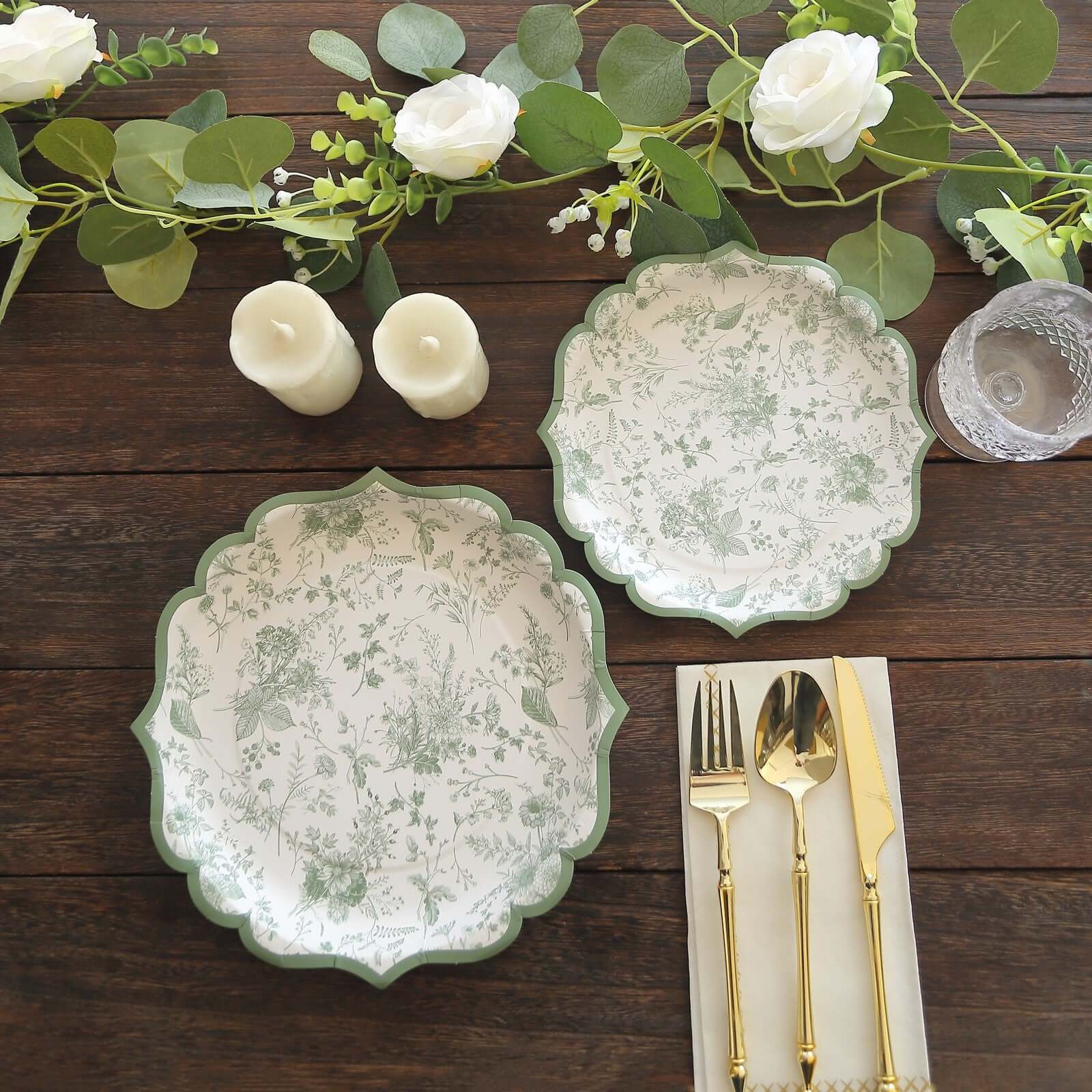 25-Pack Paper 10 Round Dinner Plates in White with Sage Green French Toile Design & Scalloped Rim - Disposable 300GSM Party Plates for Classy Events & Special Occasions