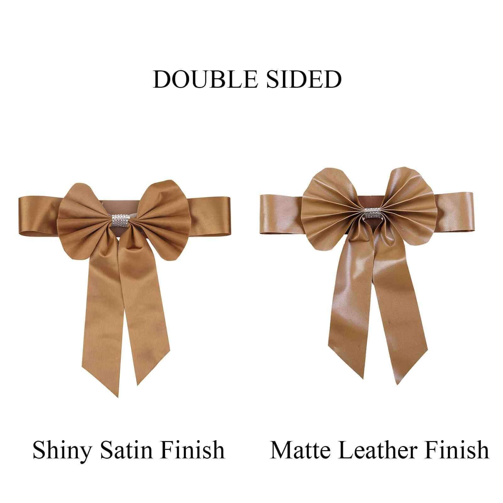 5 Pack Satin Faux Leather Chair Sashes Gold - Durable Double Sided Pre-tied Bow Tie Chair Bands with Diamond Rhinestone Buckles Luxurious Party Decor