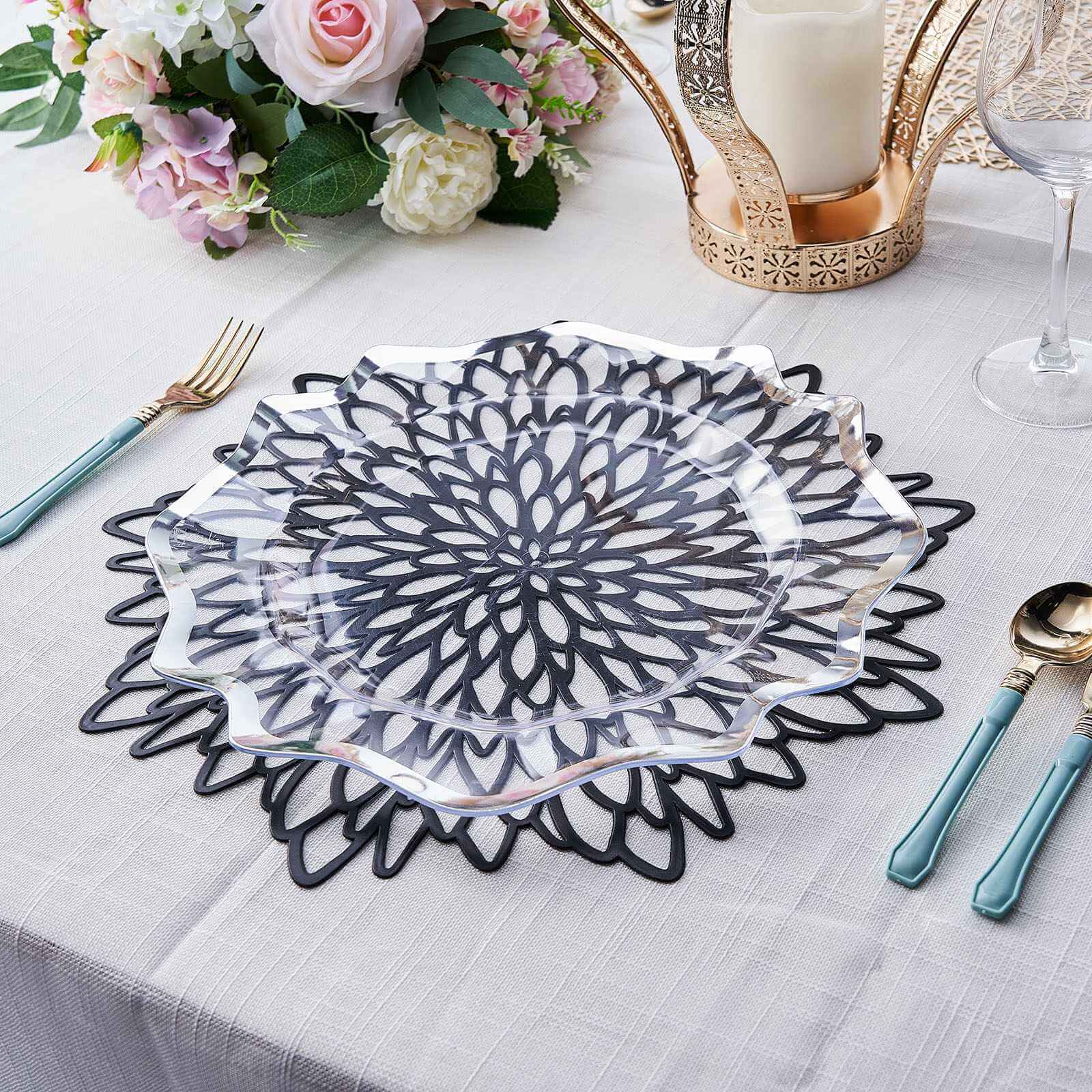 6-Pack Dining Table Mats Floral Design Black - Metallic Vinyl Round Non-Slip Mats for Tables 15