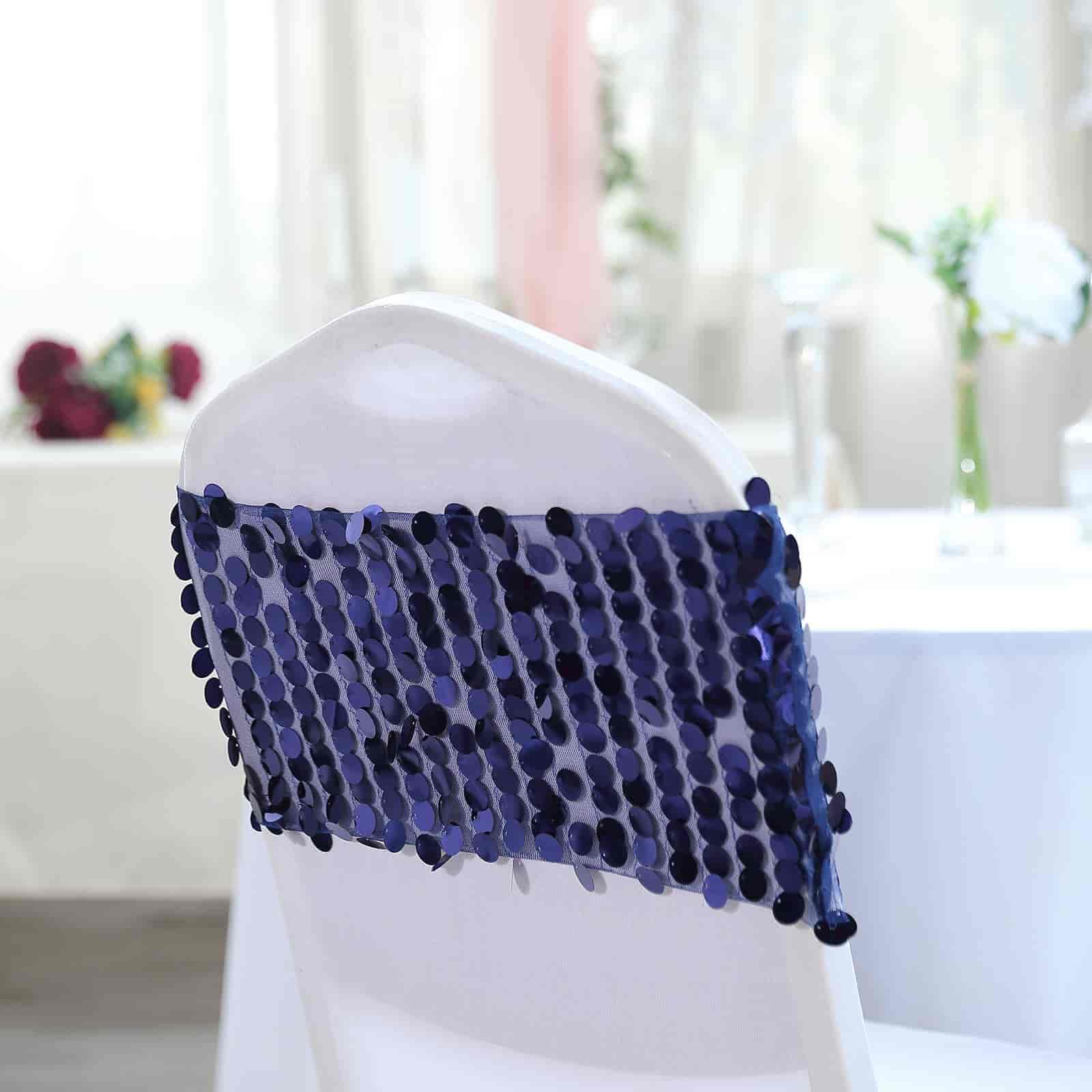 5 Pack Big Payette Sequin 13x10 Chair Sash Bands Navy Blue - Stylish Glittering Decor for Weddings & Gatherings