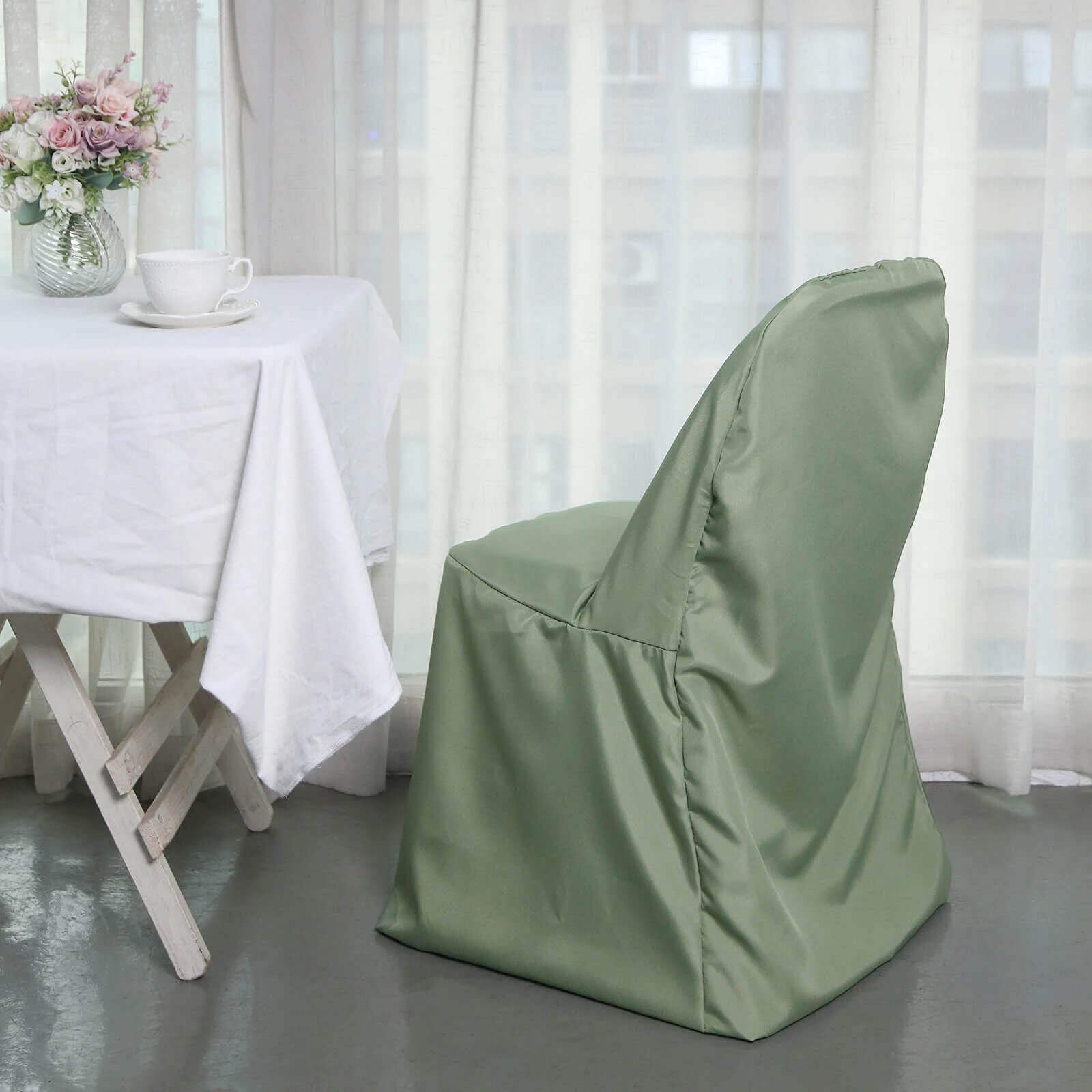 10 Pack Polyester Chair Covers for Folding Chairs Dusty Sage Green - Wrinkle-Free Stain-Resistant Slip-On Slipcovers