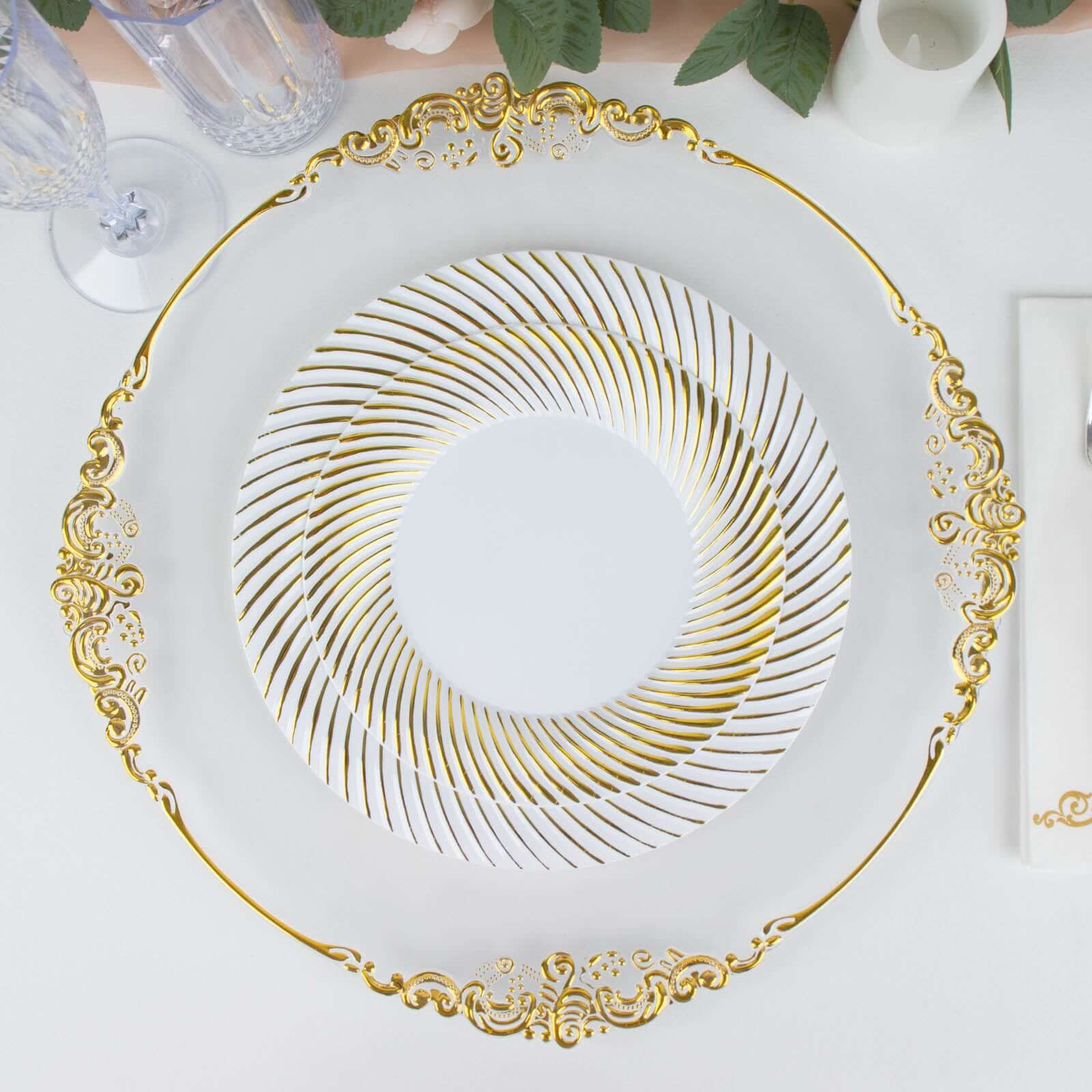 10-Pack Plastic 7 Round Dessert Plates in White with Gold Swirl Rim - Disposable Salad Plates for Classy Events & Banquets