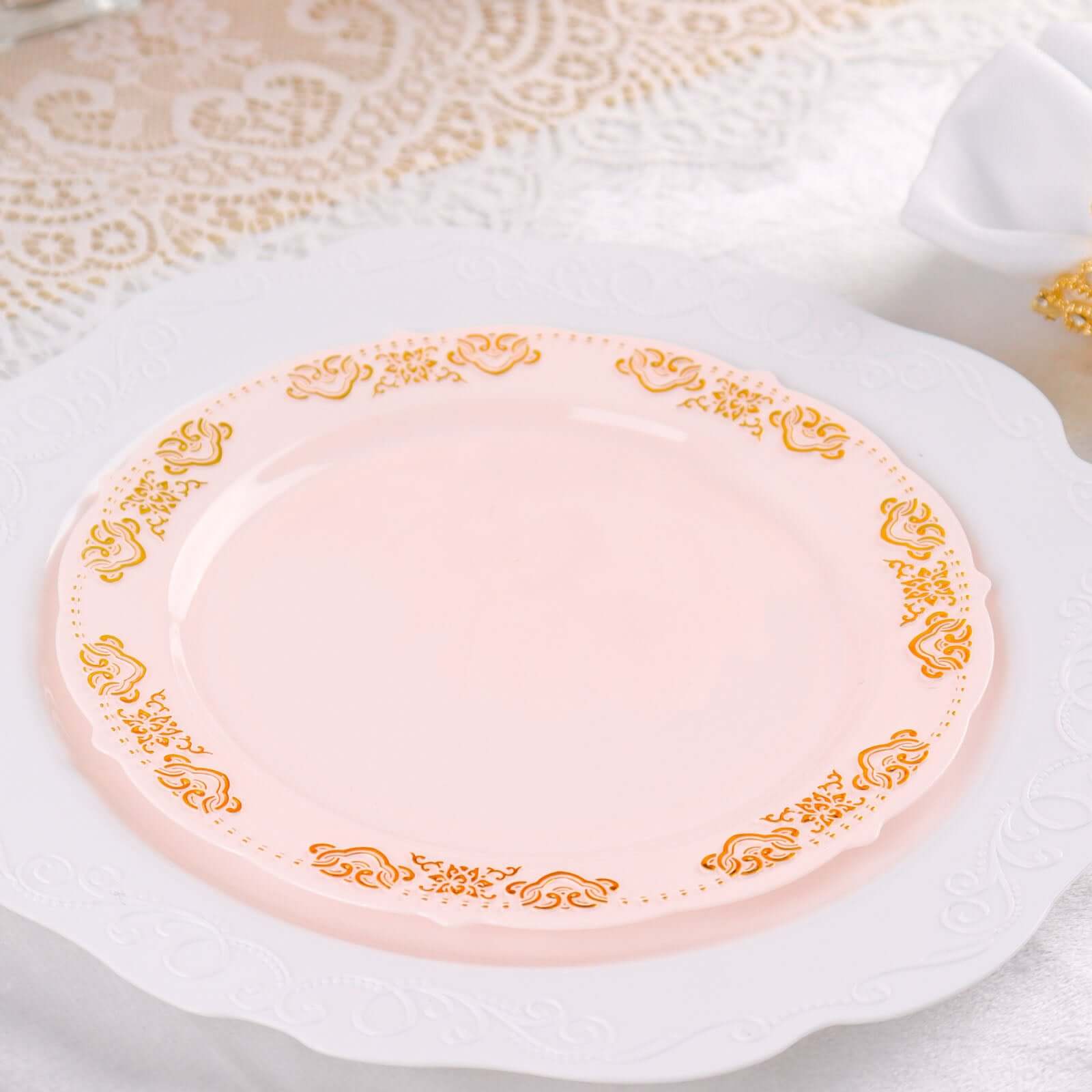 10-Pack Plastic 7.5 Round Appetizer Plates in Blush with Gold Embossed Scalloped Edge - Chic Disposable Salad Plates for Special Occasions & Banquets