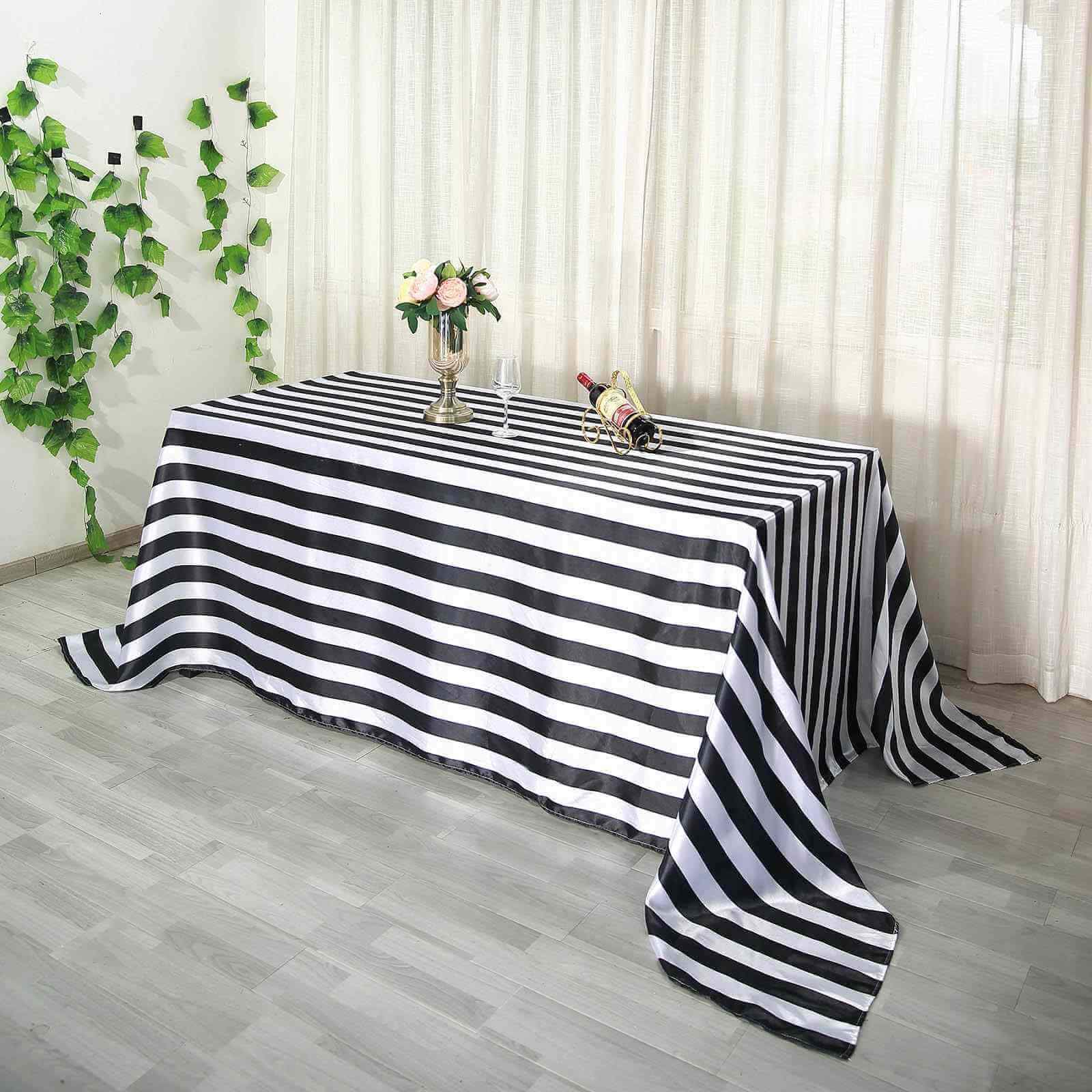 Satin 90x156 Rectangle Tablecloth Black/White - Stripe Design with Seamless Finish Table Cover