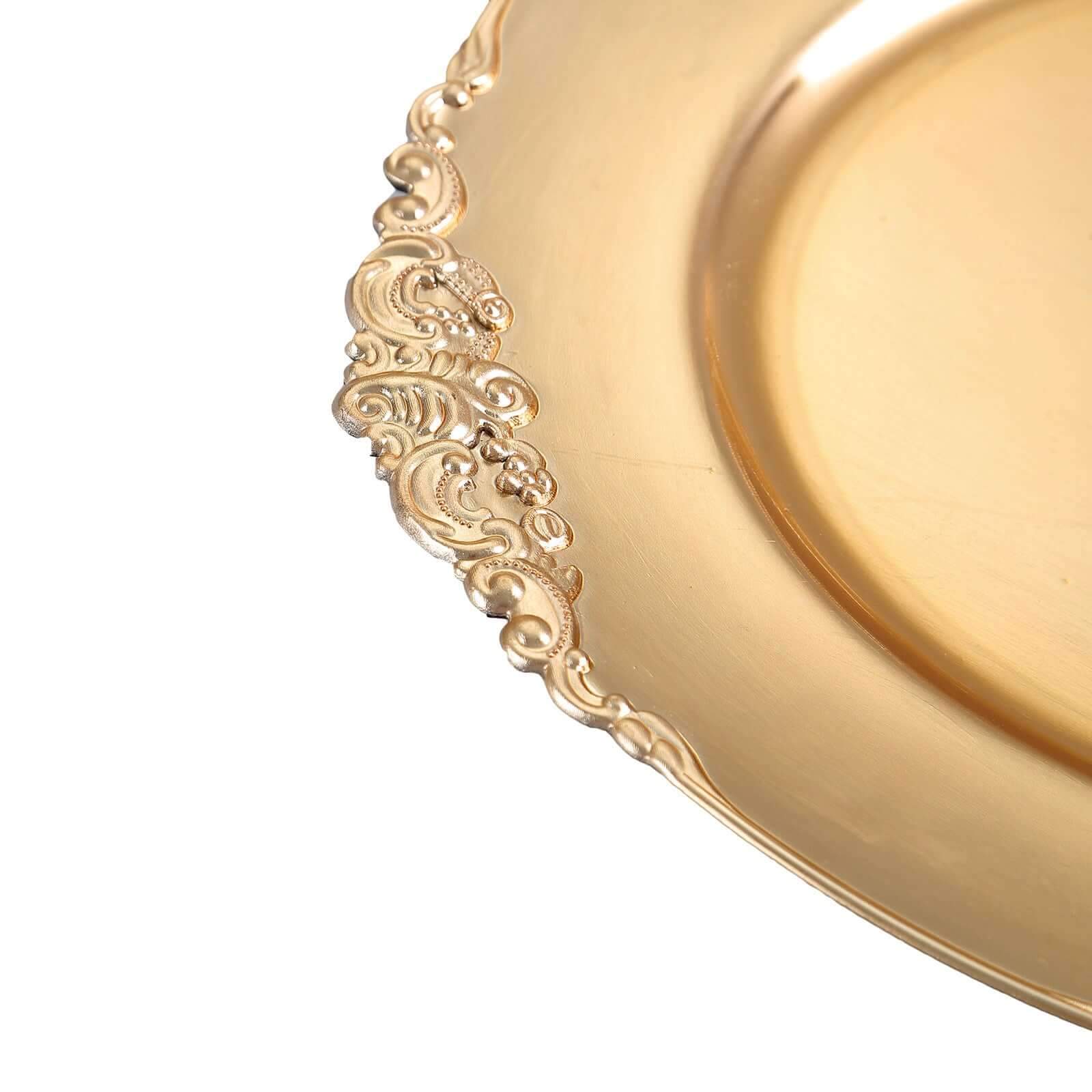 6-Pack Acrylic Round Charger Plates 13 in Gold with Embossed Baroque Rim, Antique Decorative Dinner Party Charger Tableware