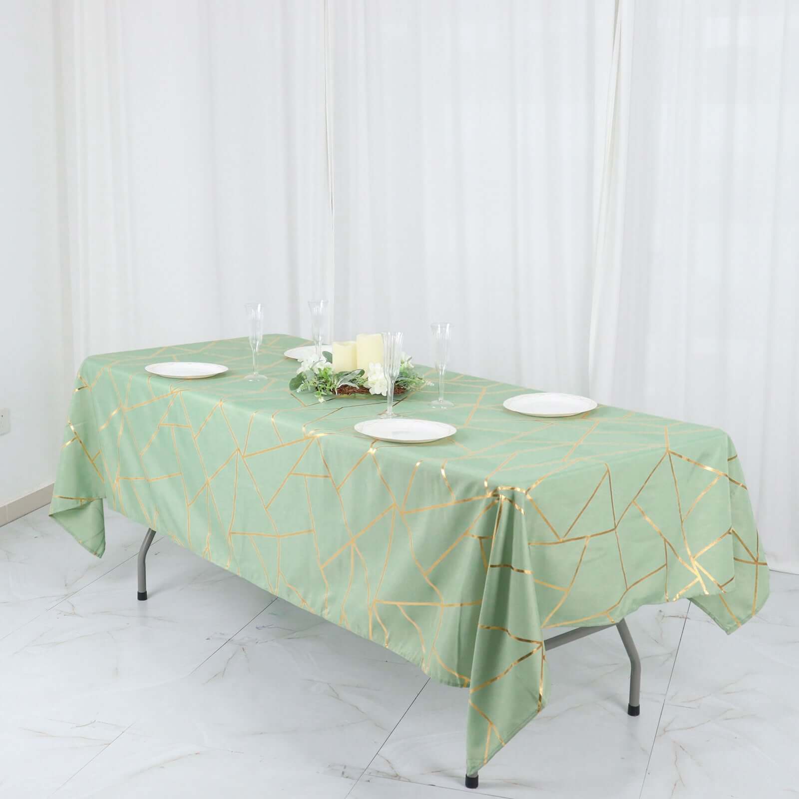 Polyester 60x102 Rectangle Tablecloth Sage Green with Gold Foil Geometric Pattern - Wrinkle-Resistant & Durable Table Cover