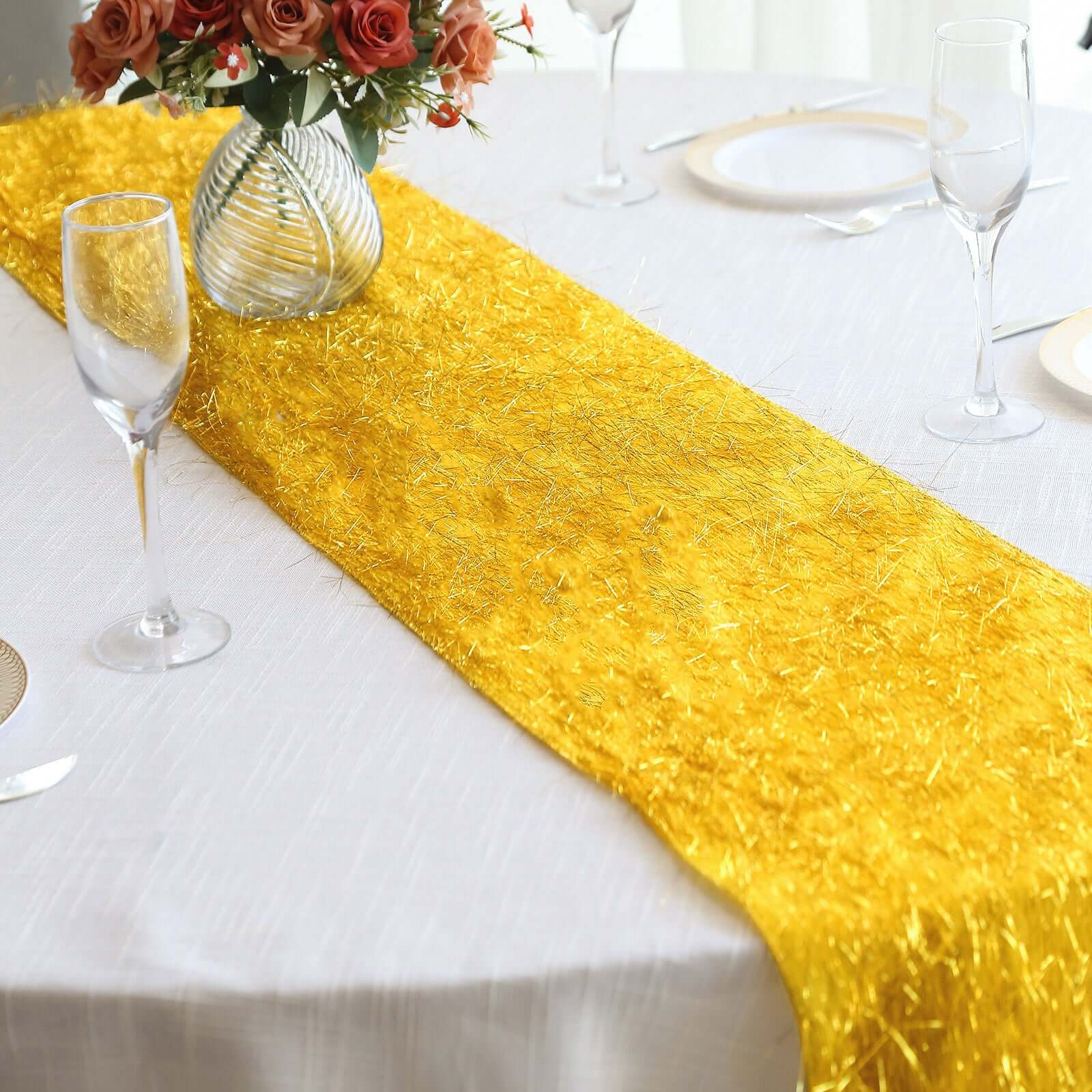 Metallic Tinsel Polyester 12x108 Table Runner Gold - Shimmery Fringe Shag Event Table Decor