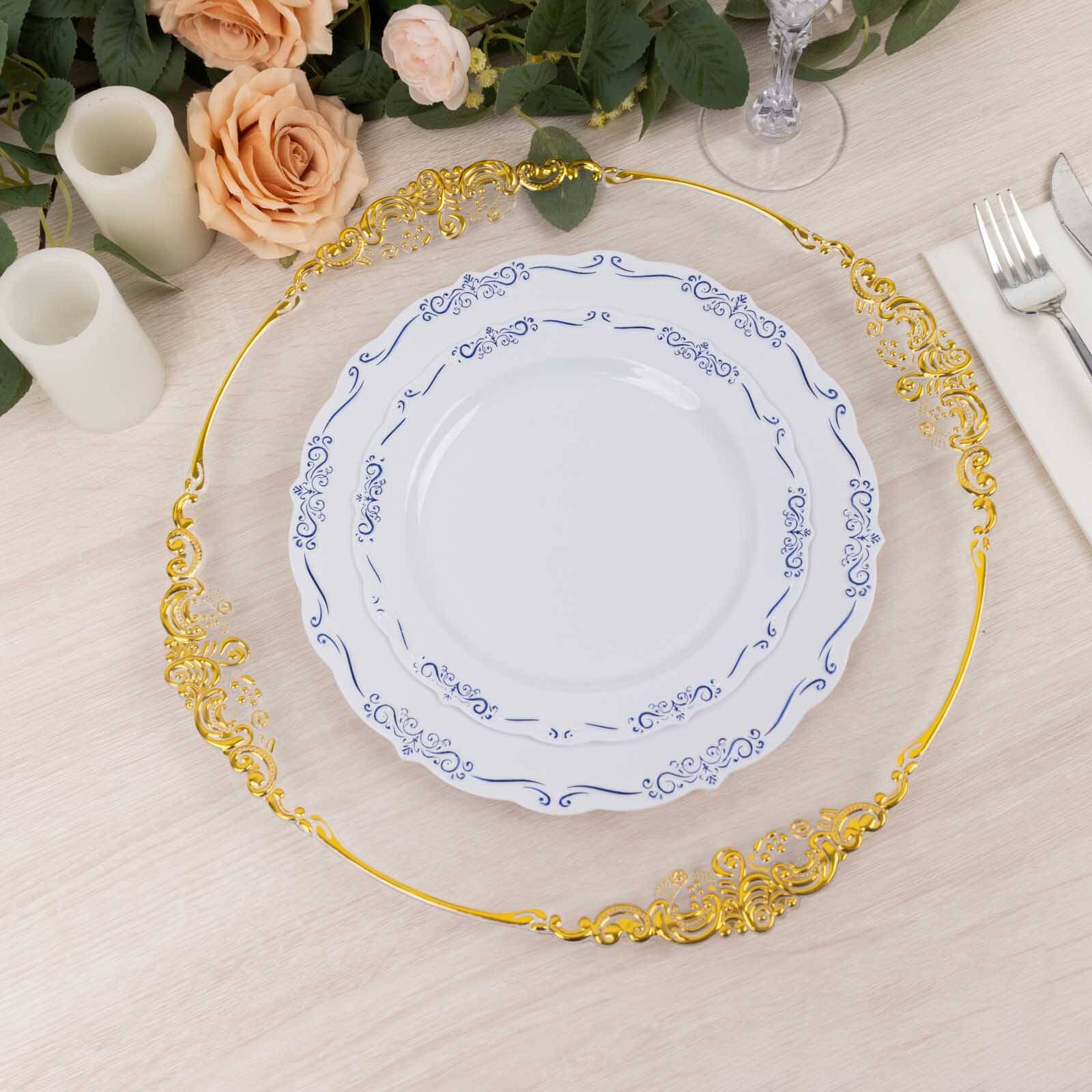 10-Pack Plastic 7 Round Dessert Plates in White with Blue Vintage Embossed Rim - Sturdy Disposable Scalloped Edge Salad Plates