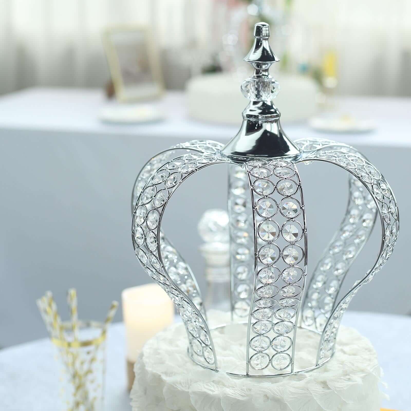 Crystal-Bead Royal Crown Cake Topper Metallic Silver - Dazzling Cake Centerpiece Decor for Luxurious Birthdays Receptions & Romantic Celebrations 14