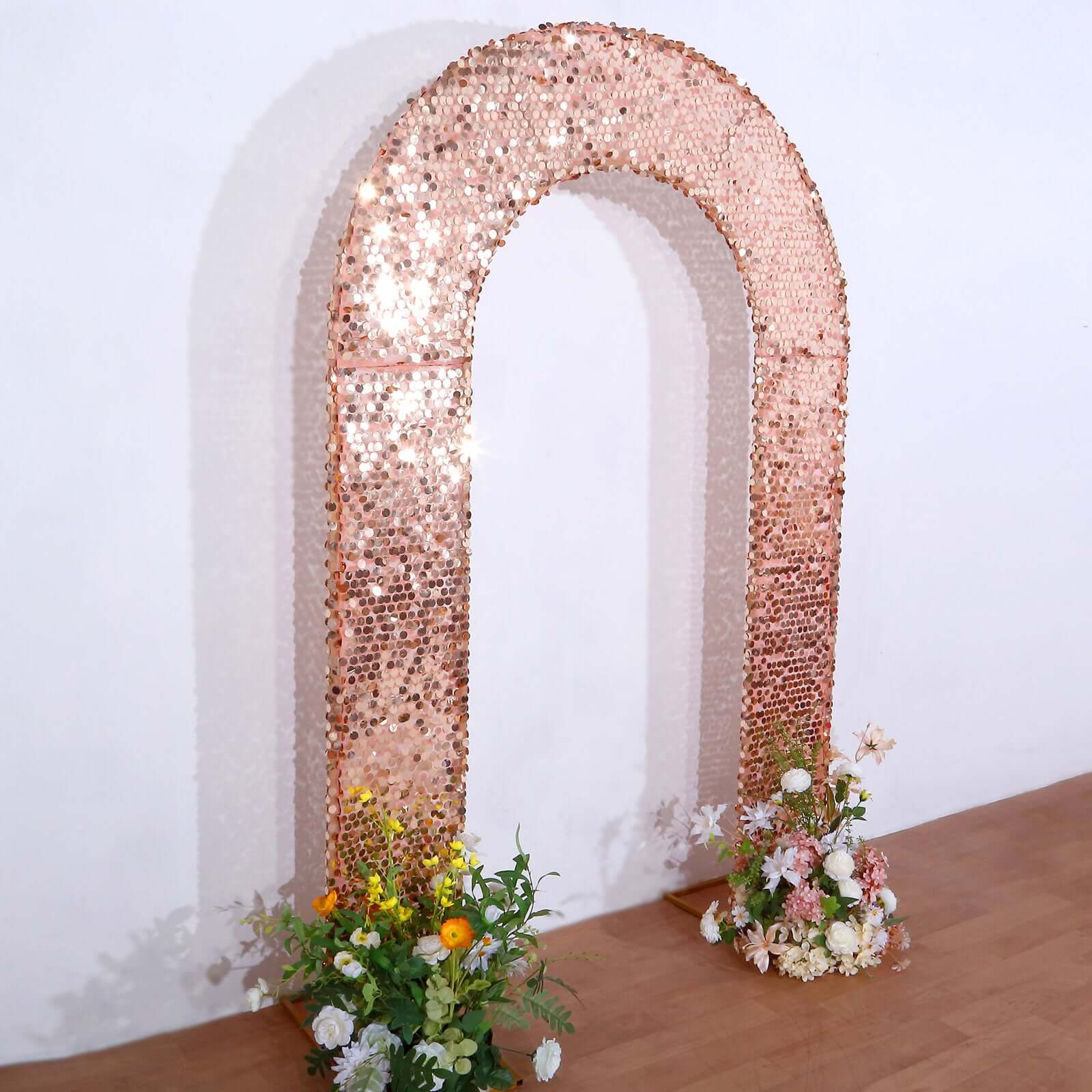 8ft Rose Gold Double Sided Big Payette Sequin Open Arch Wedding Arch Cover, U-Shaped Fitted Wedding Backdrop Slipcover