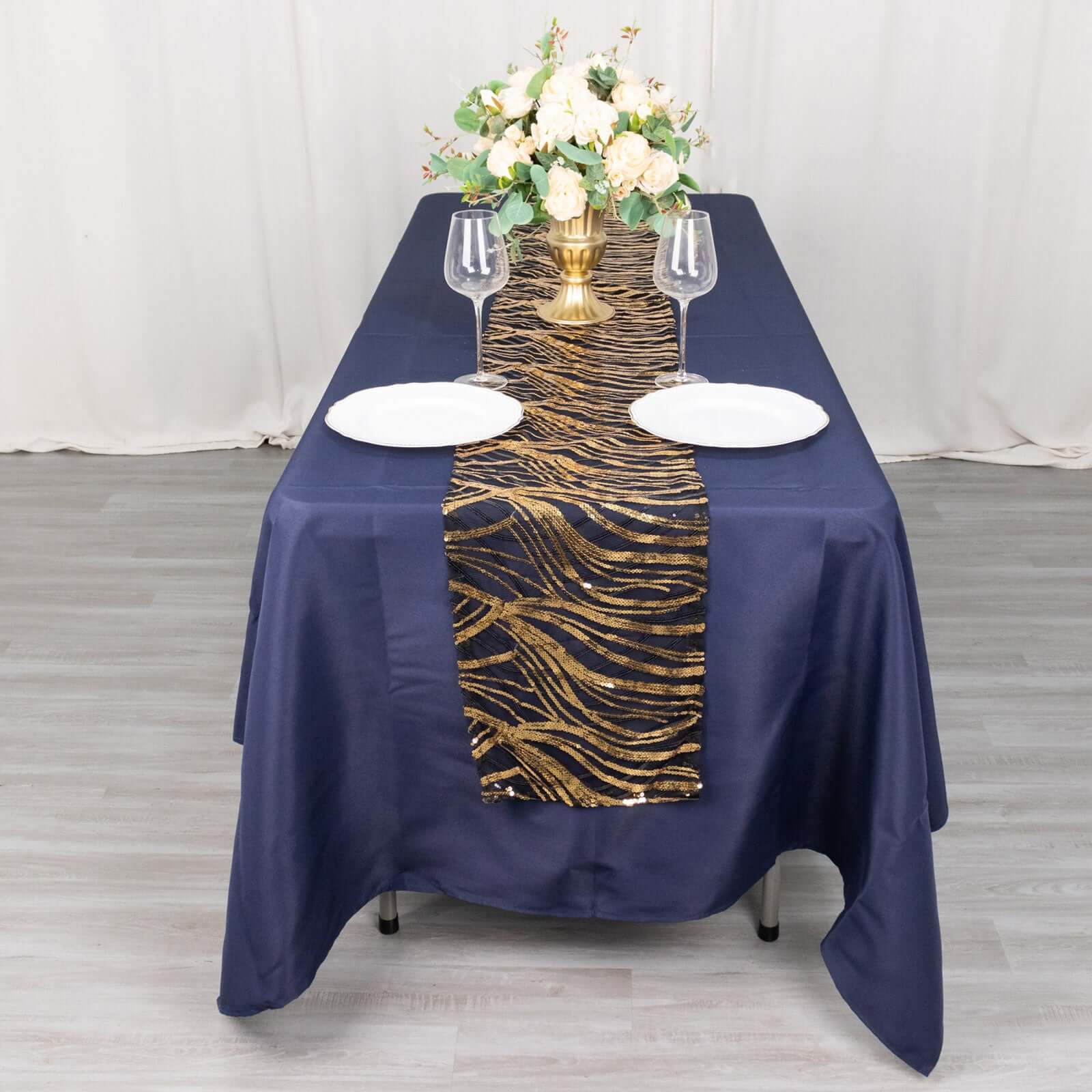 Sequin Mesh 12x108 Table Runner Black Gold Stylish Wave Embroidery