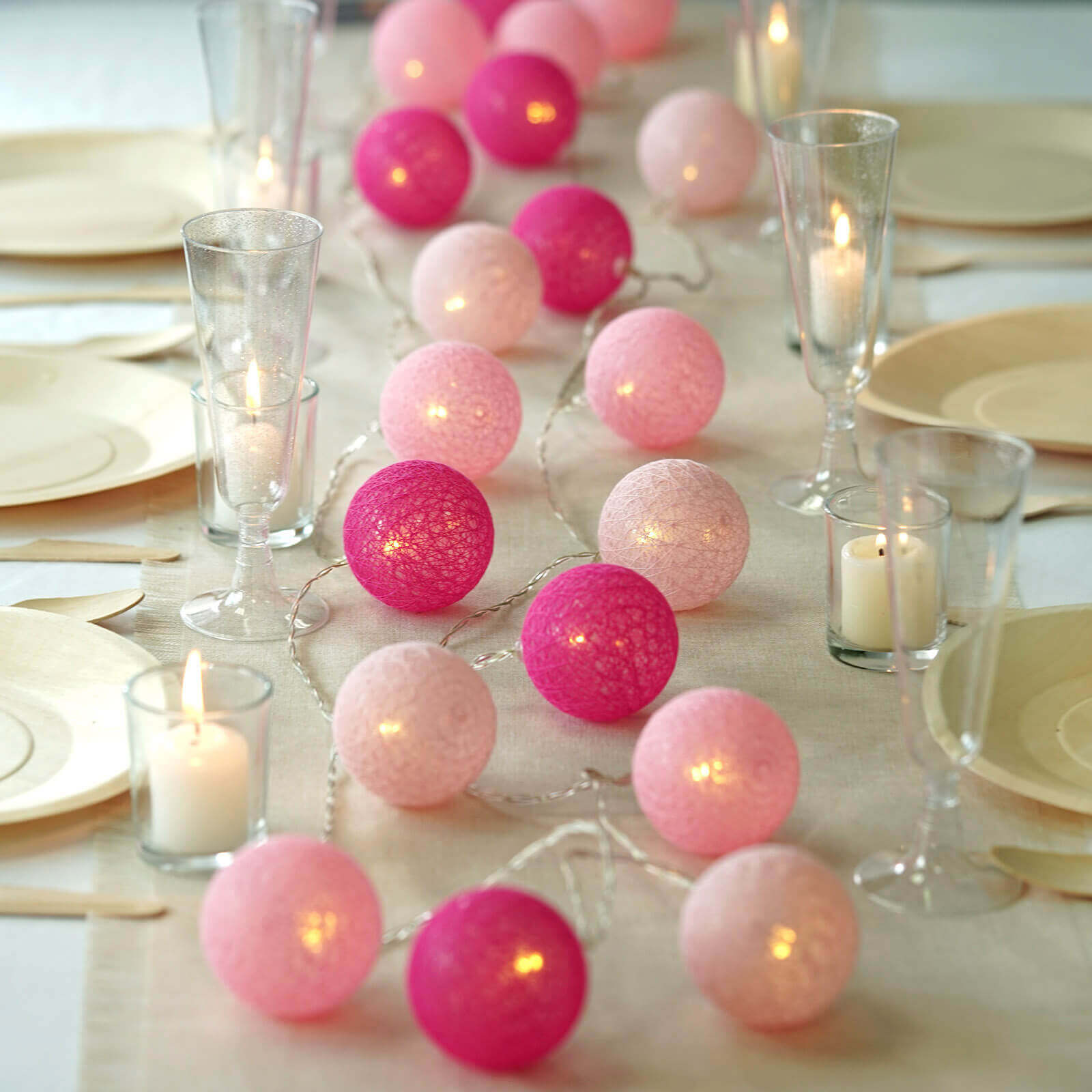 20 LED String Light Garland Pink Cotton Ball Blush, Fuchsia Warm White - Battery Operated Accent Piece 13ft