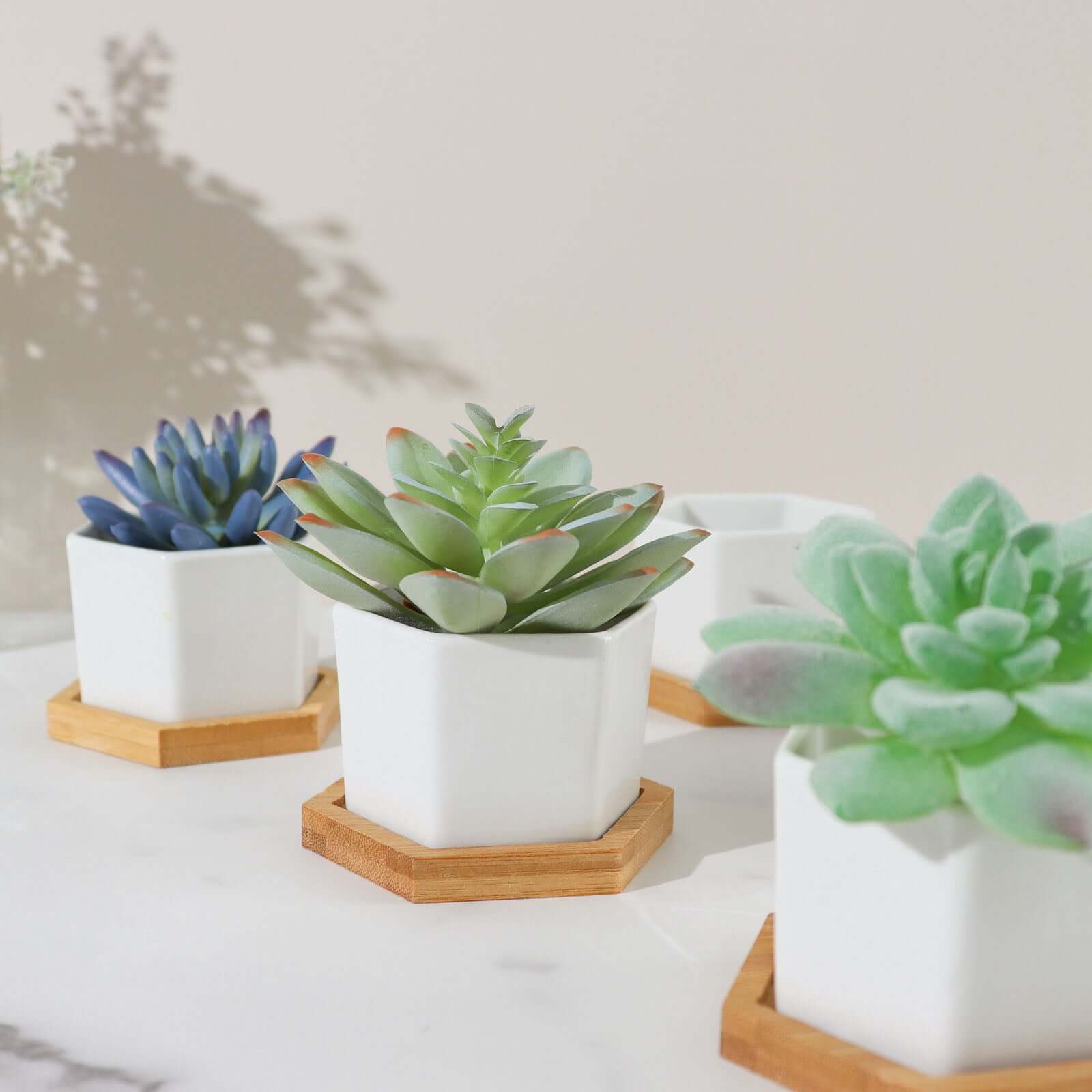 6-Pack Planter Pots Geometric Hexagon Design White - Ceramic Pots with Bamboo Tray and Removable Bottom 3