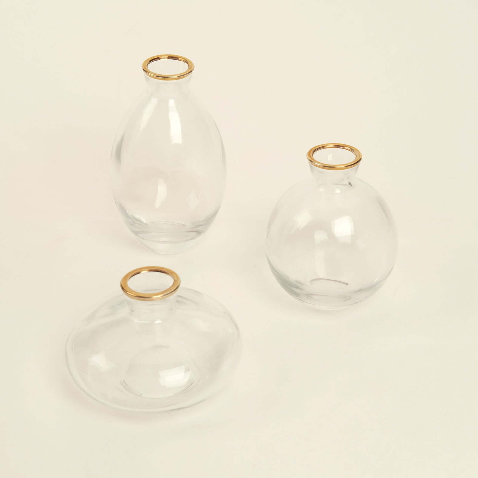 Set of 3 Clear Glass Bud Vases with Metallic Gold Rim - Modern Flower Table Centerpieces Assorted Sizes