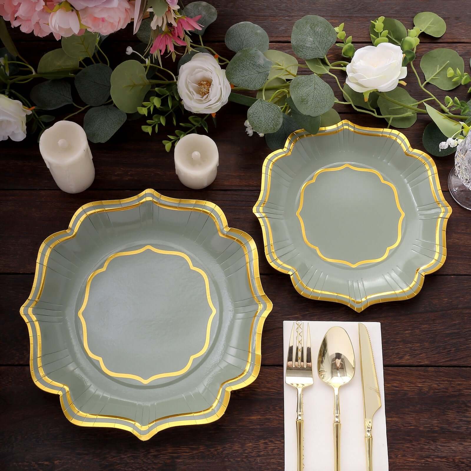 25-Pack Paper Dinner Plates in Sage Green with Gold Scallop Rim - Disposable 300GSM Party Plates 10