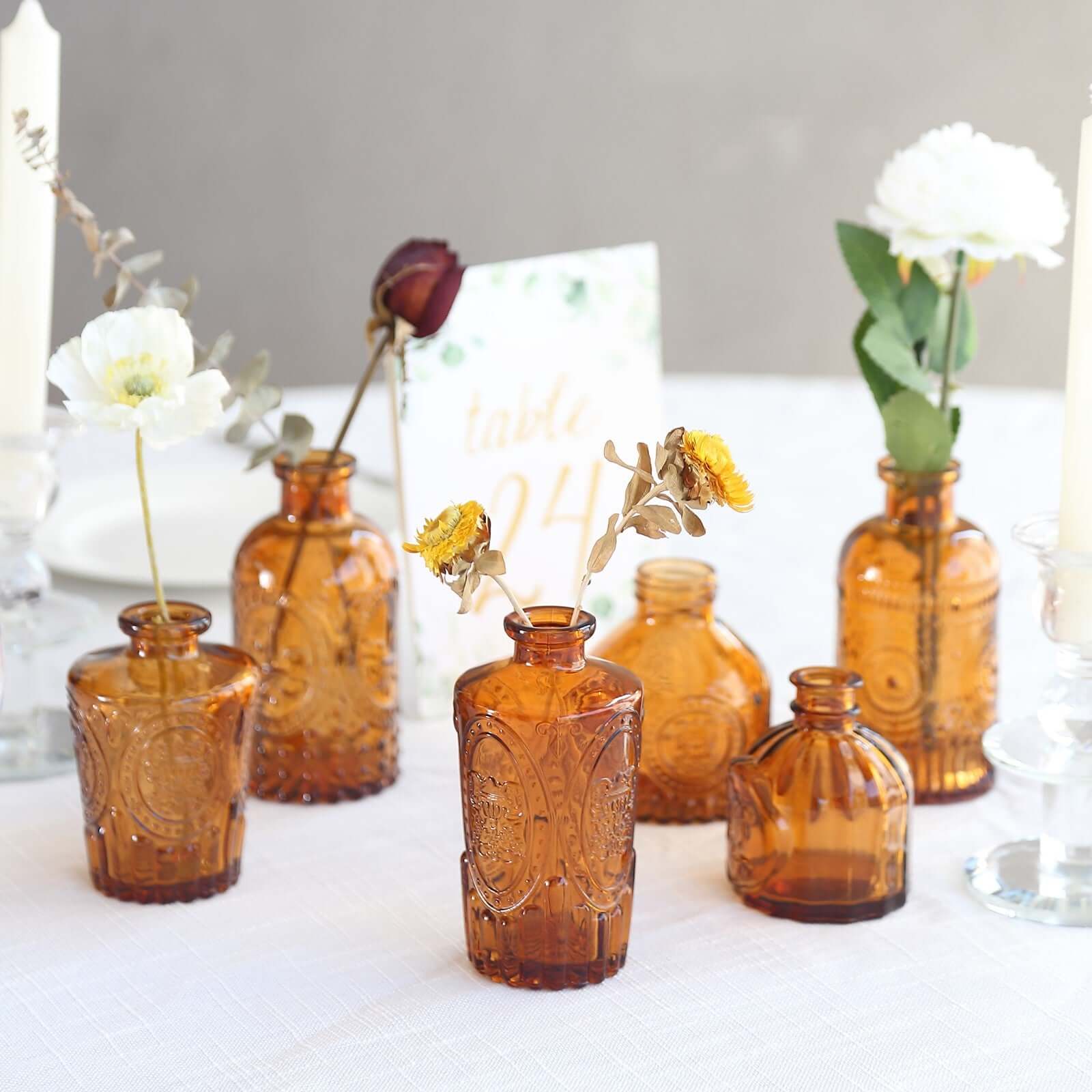 Set of 6 Embossed Glass Bud Vases Vintage Amber Gold - Apothecary Style Decorative Table Centerpieces