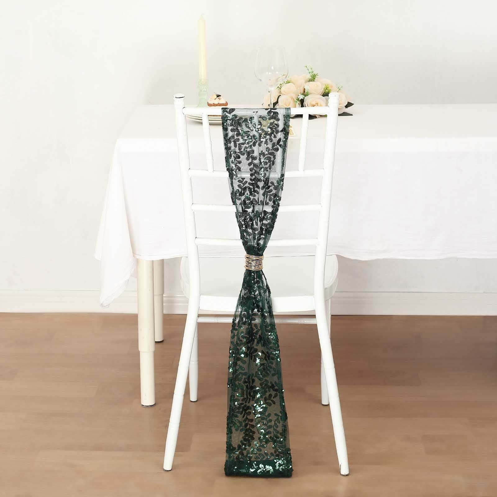 5 Pack Tulle Chair Sashes with Leaf Vine Embroidered Sequins Hunter Emerald Green 6x88