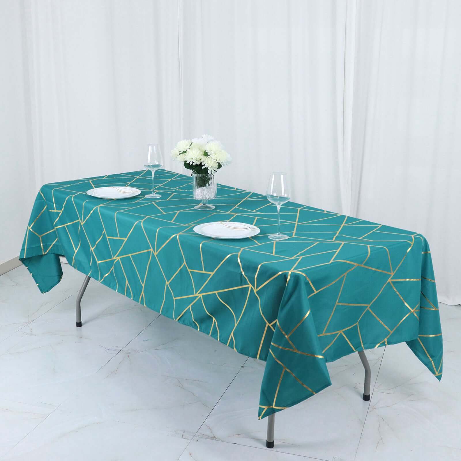 Polyester 60x102 Rectangle Tablecloth Teal with Gold Foil Geometric Pattern - Wrinkle-Resistant & Durable Table Cover