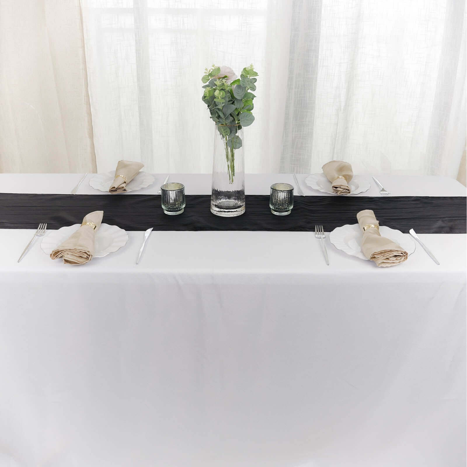 Taffeta 12x108 Table Runner Black - Accordion Crinkle Design