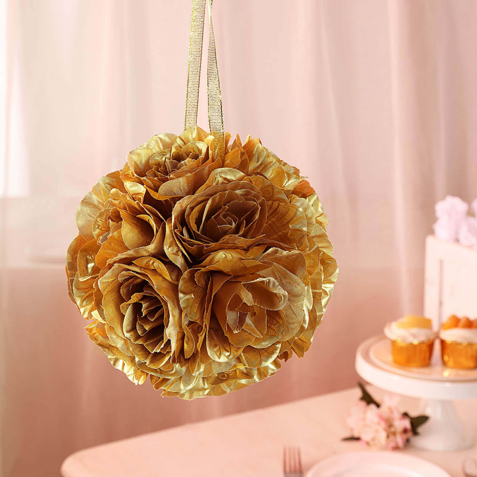 2 Pack 7 Gold Artificial Silk Rose Kissing Ball, Faux Flower Ball