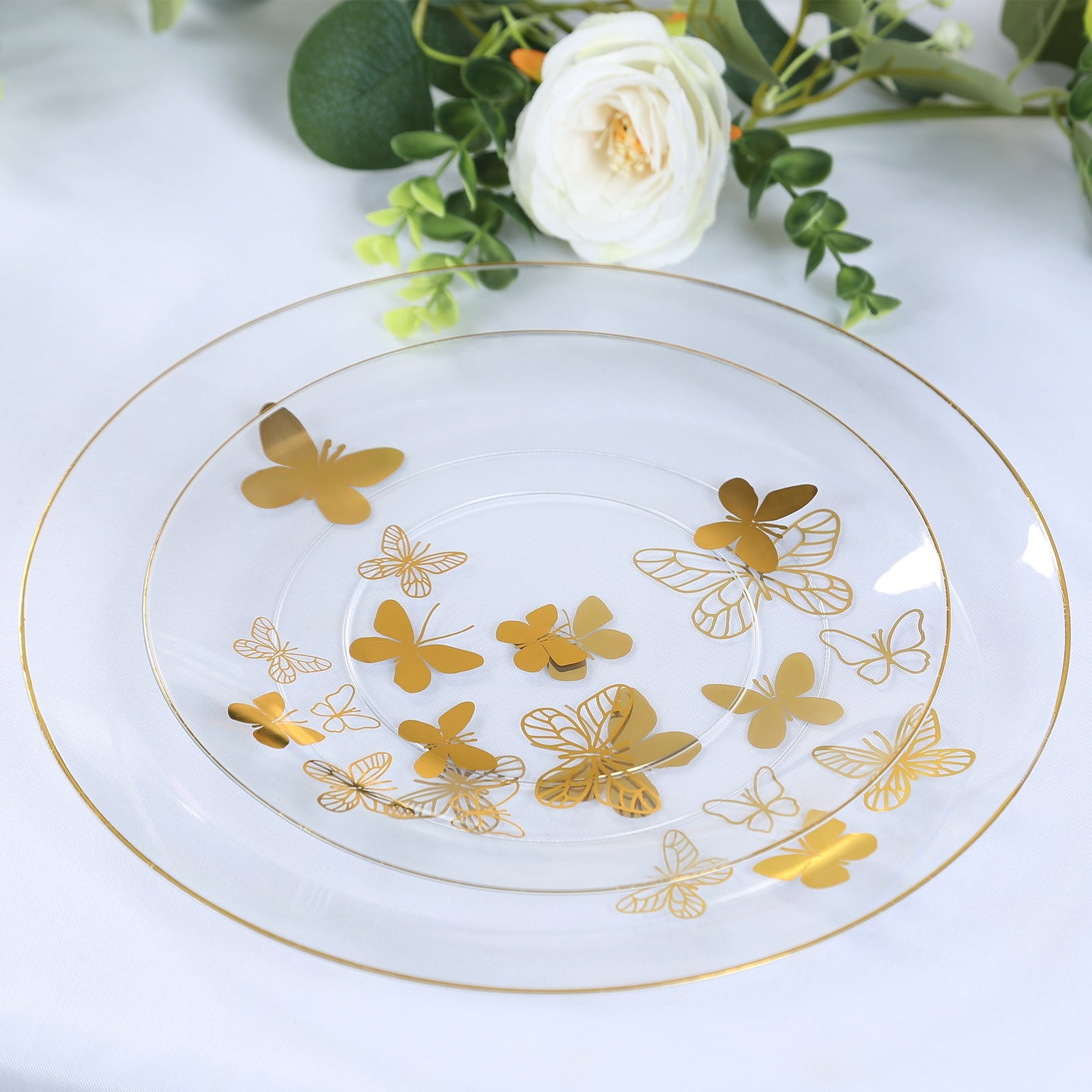 Set of 20 Plastic Round Dinner and Salad Plates in Clear with Gold Butterfly Design & Gold Rim - Stylish Disposable Dinnerware 8, 10