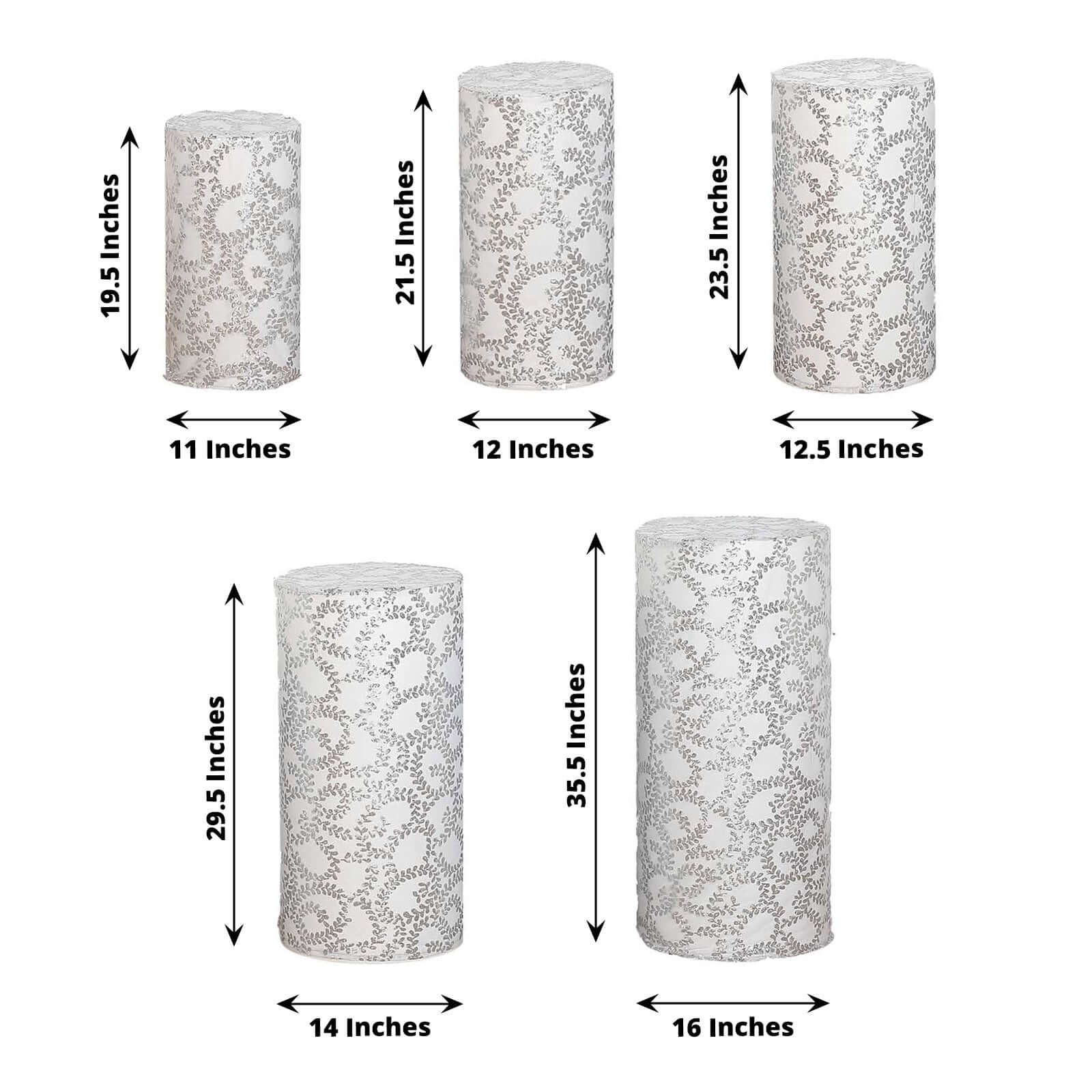 Set of 5 Silver Sequin Mesh Cylinder Pedestal Stand Covers with Leaf Vine Embroidery, Sparkly Sheer Tulle Pillar Prop Covers