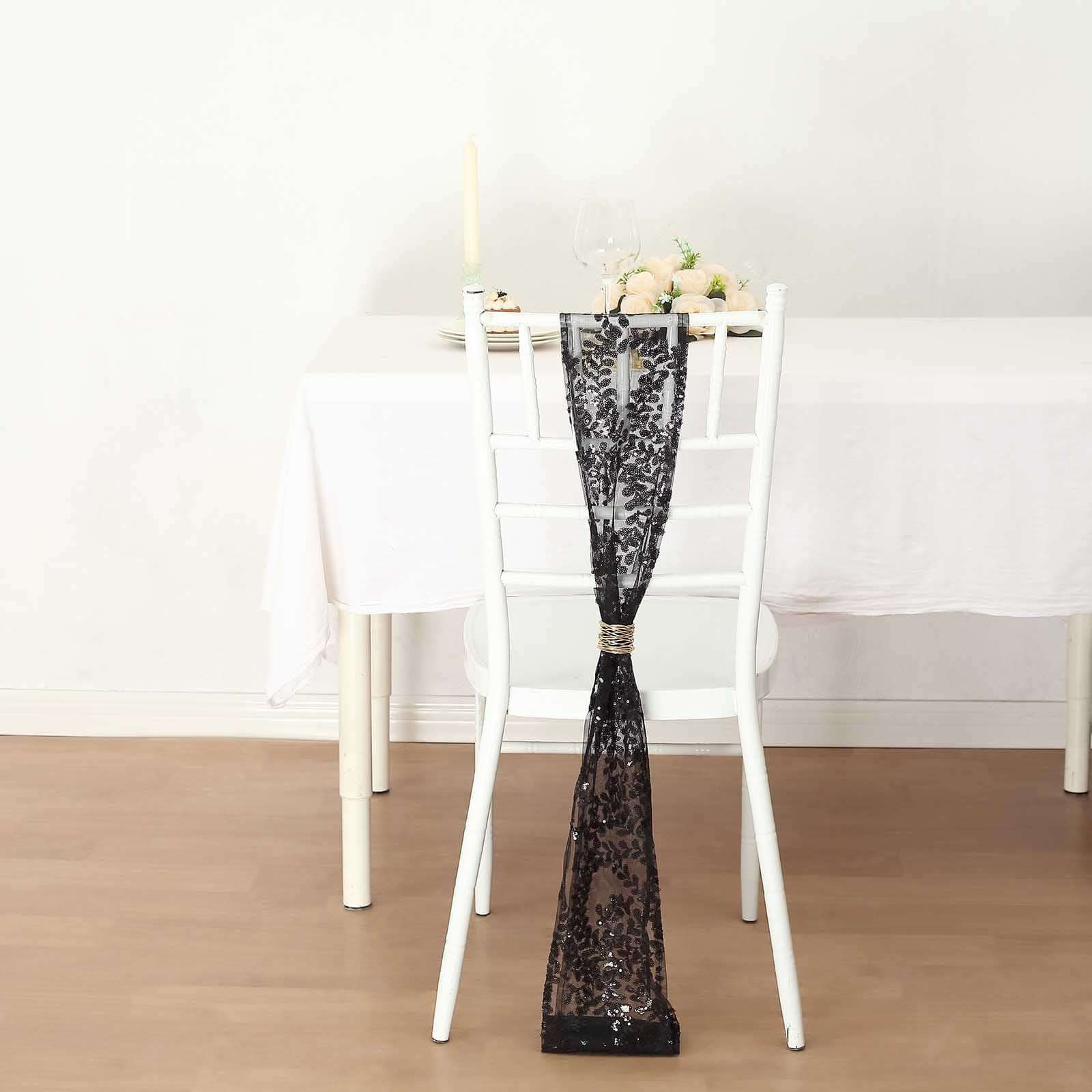 5 Pack Tulle Chair Sashes with Leaf Vine Embroidered Sequins Black 6x88