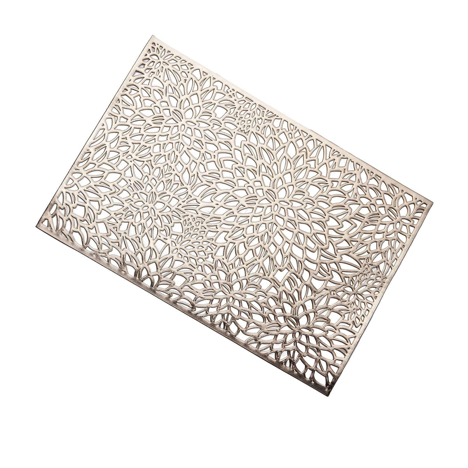 6-Pack Vinyl Placemats Gold Metallic with Floral Design - Stylish Non-Slip Rectangle Table Mats 12x18