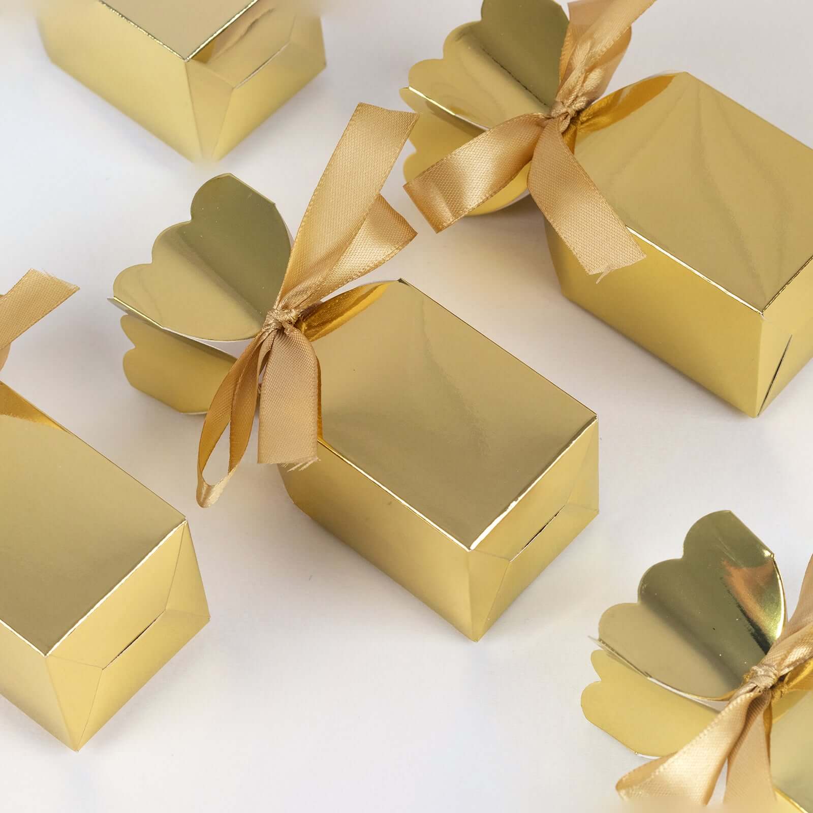 25 Pack Gold Floral Top Satin Ribbon Party Favor Candy Gift Boxes