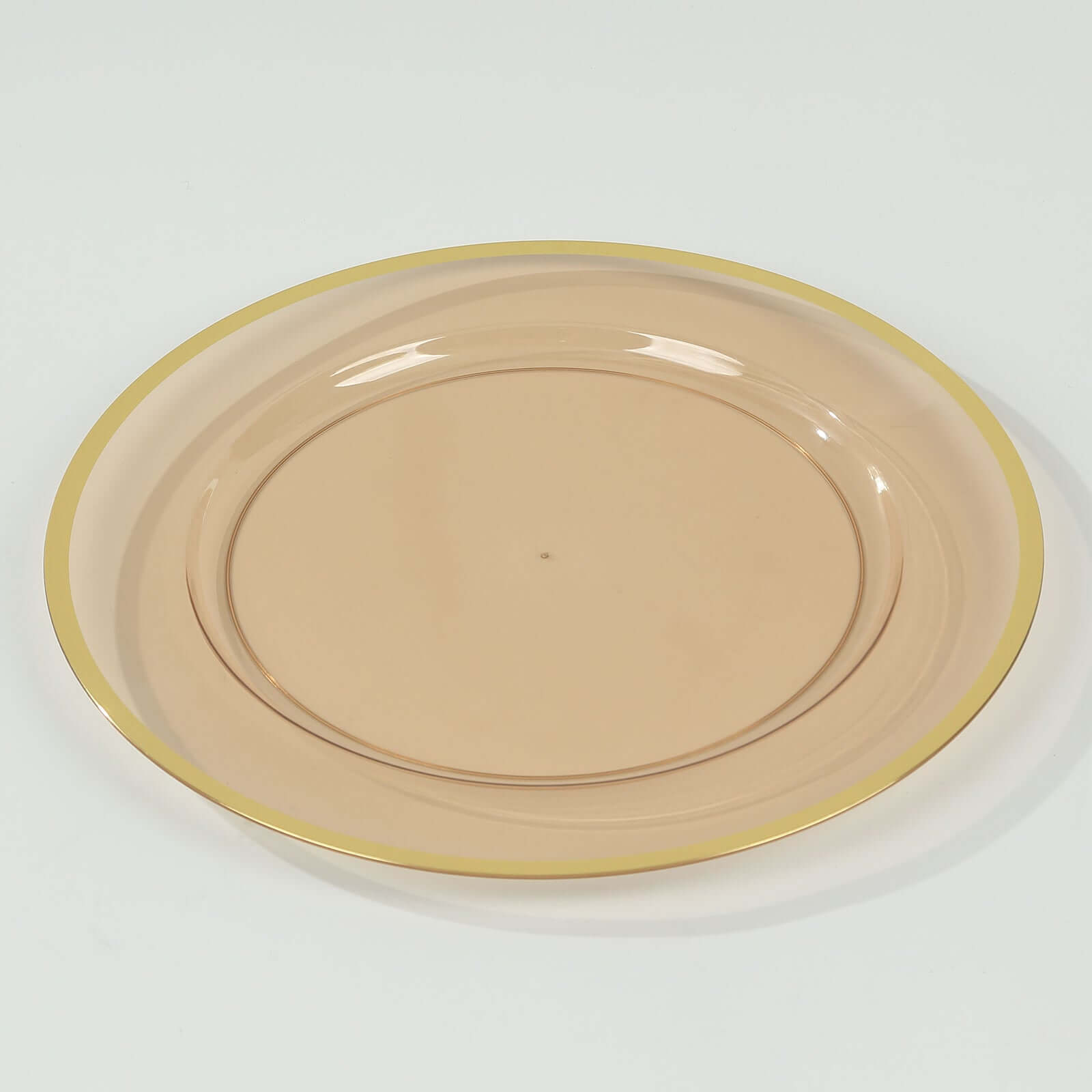 10-Pack Economy Plastic Round Charger Plates 12 in Transparent Amber Gold with Wide Gold Rim, Decorative Dinner Party Serving Plates