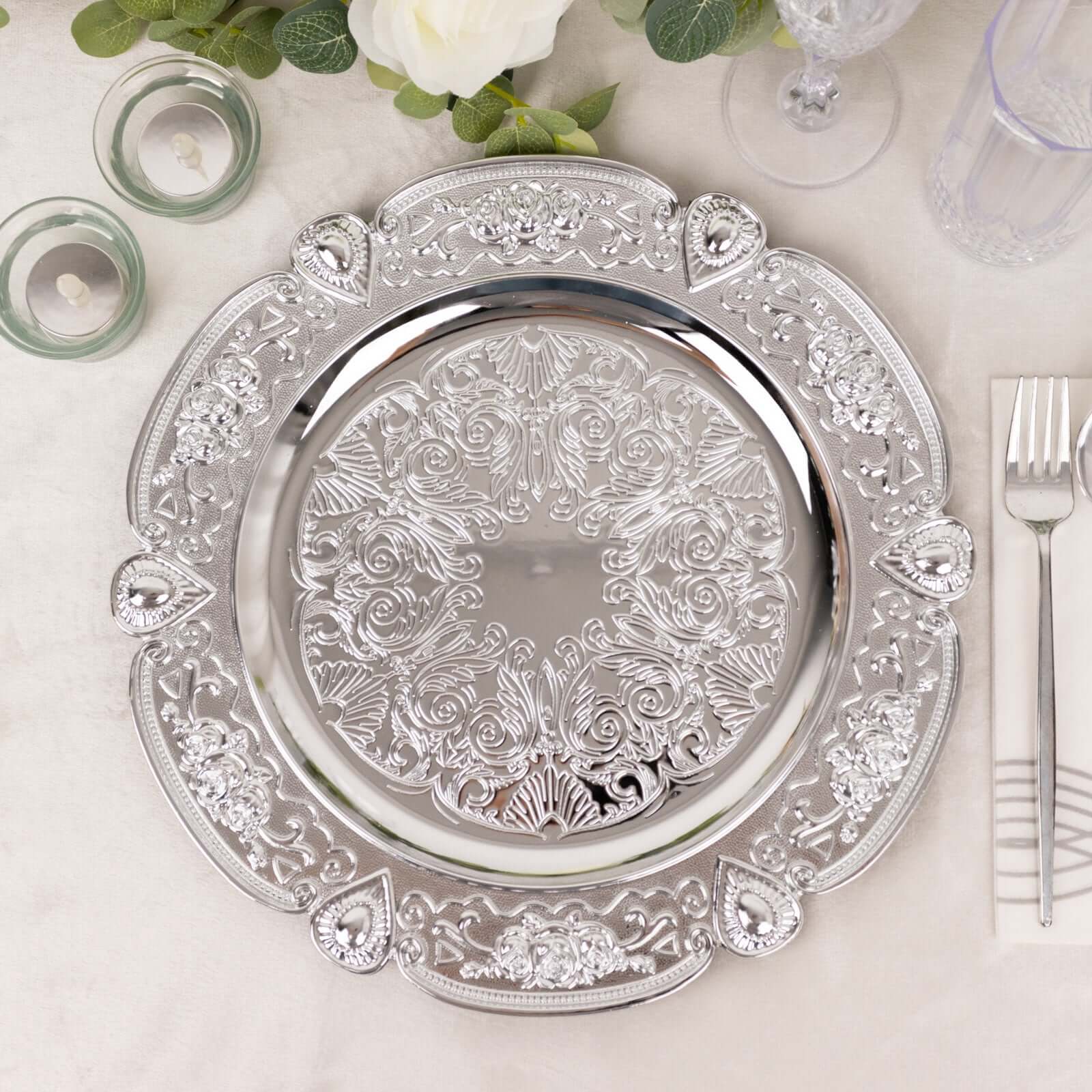 6-Pack Acrylic Round Charger Plates 13 in Silver Floral Embossed with Scalloped Rim, Plastic Decorative Charger Tableware