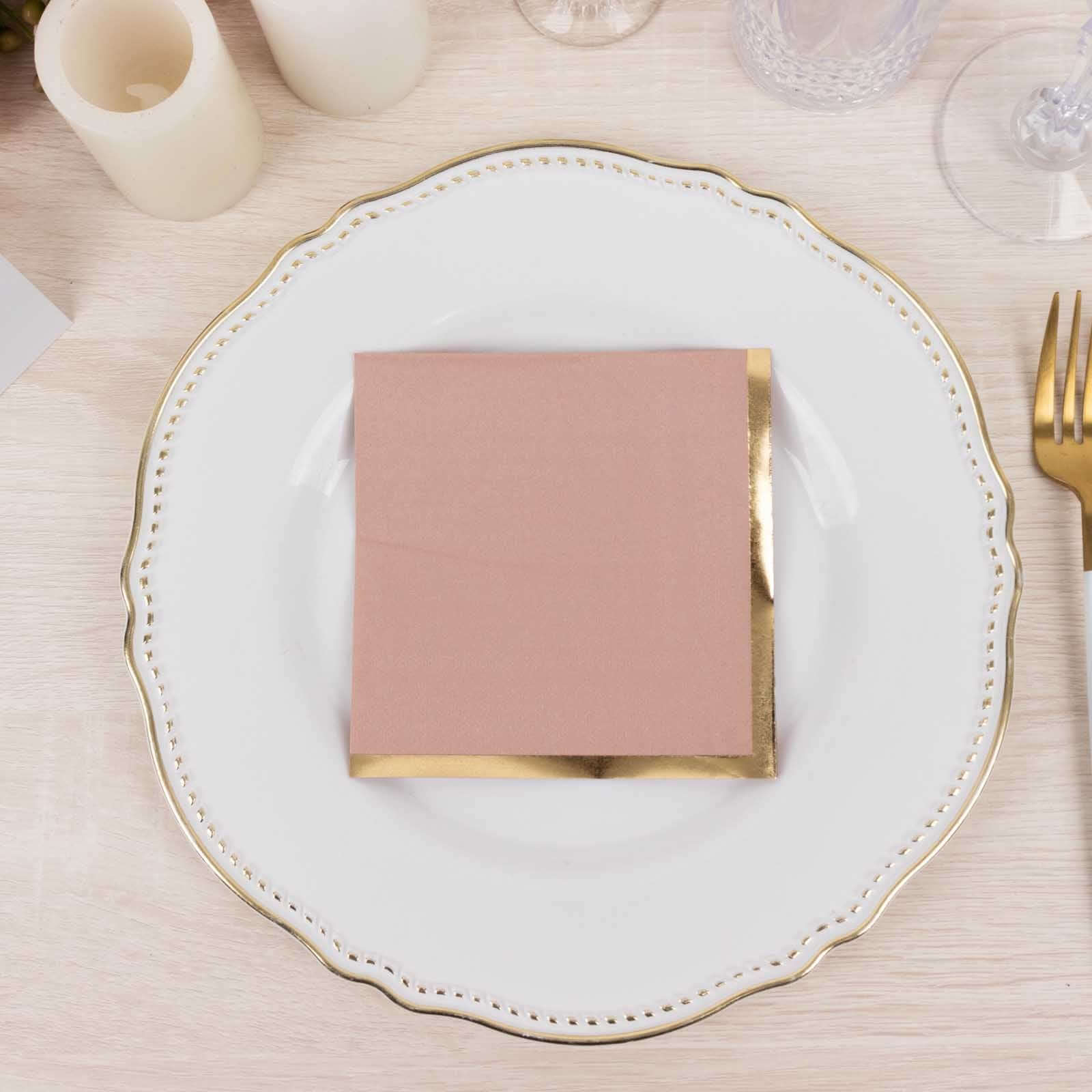 50-Pack Paper Beverage Napkins Dusty Rose with Gold Foil Edge - 2 Ply Disposable Soft 18GSM Cocktail Napkins 5x5